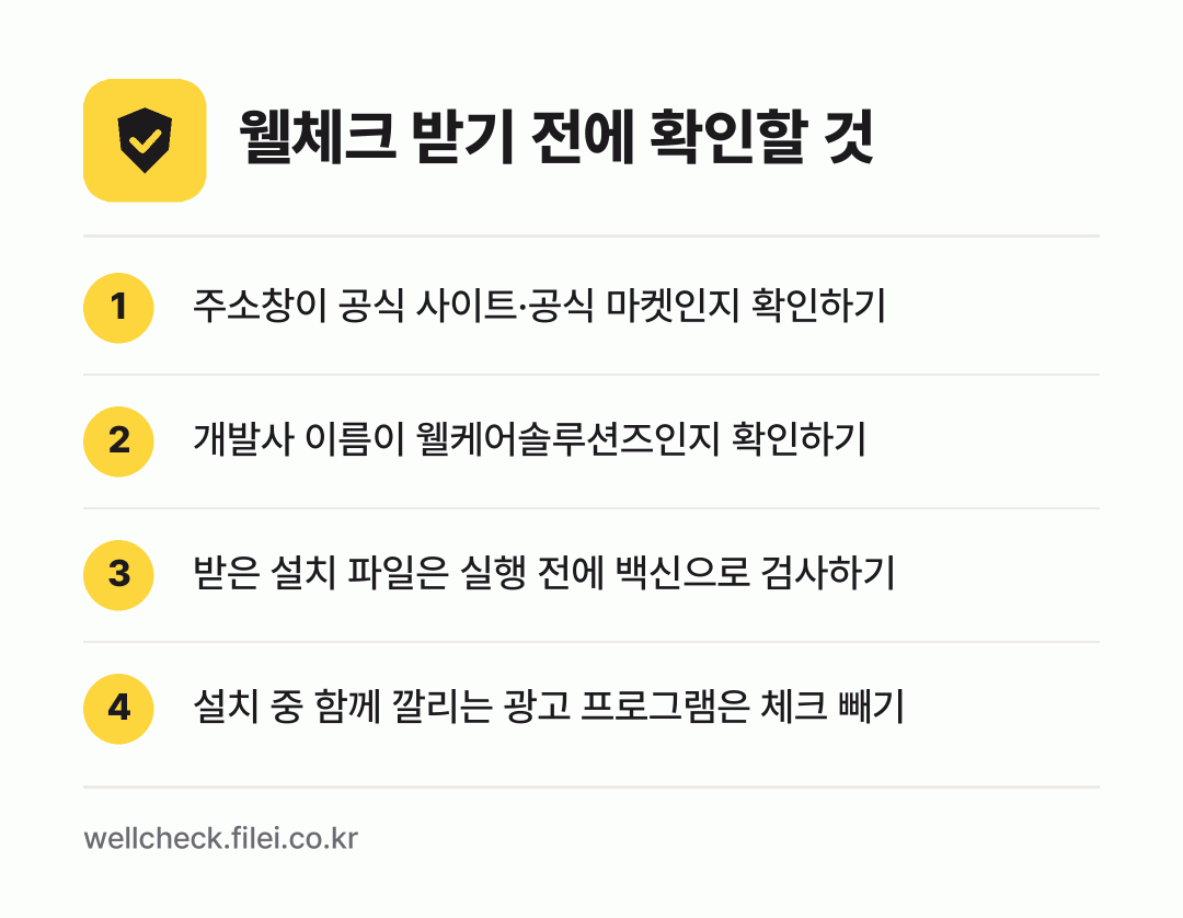웰체크 받기 전에 확인할 것: 주소창이 공식 사이트·공식 마켓인지 확인하기, 개발사 이름이 웰케어솔루션즈인지 확인하기, 받은 설치 파일은 실행 전에 백신으로 검사하기, 설치 중 함께 깔리는 광고 프로그램은 체크 빼기
