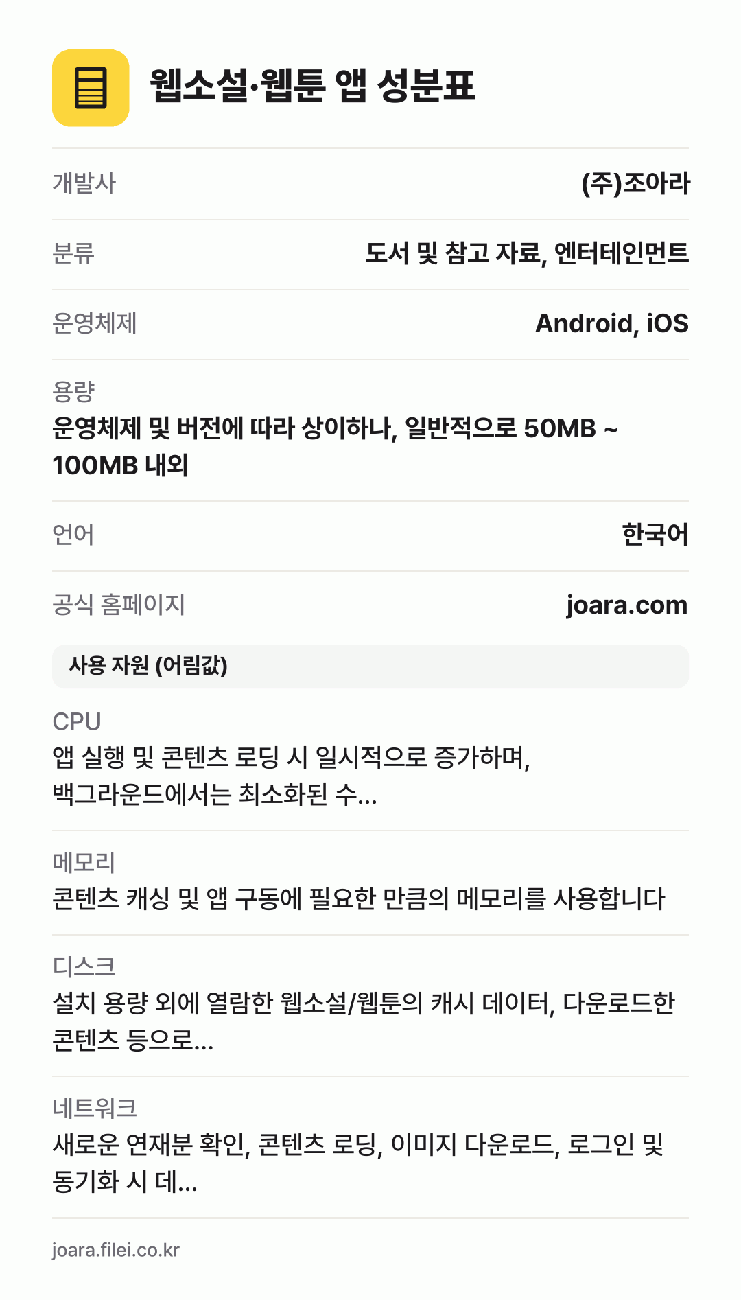 웹소설·웹툰 앱 성분표: 개발사 (주)조아라, 분류 도서 및 참고 자료, 엔터테인먼트, 운영체제 Android, iOS, 용량 운영체제 및 버전에 따라 상이하나, 일반적으로 50MB ~ 100MB 내외, 언어 한국어