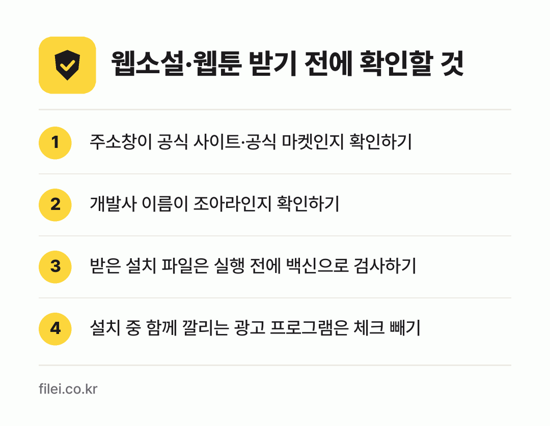 웹소설·웹툰 받기 전에 확인할 것: 주소창이 공식 사이트·공식 마켓인지 확인하기, 개발사 이름이 조아라인지 확인하기, 받은 설치 파일은 실행 전에 백신으로 검사하기, 설치 중 함께 깔리는 광고 프로그램은 체크 빼기