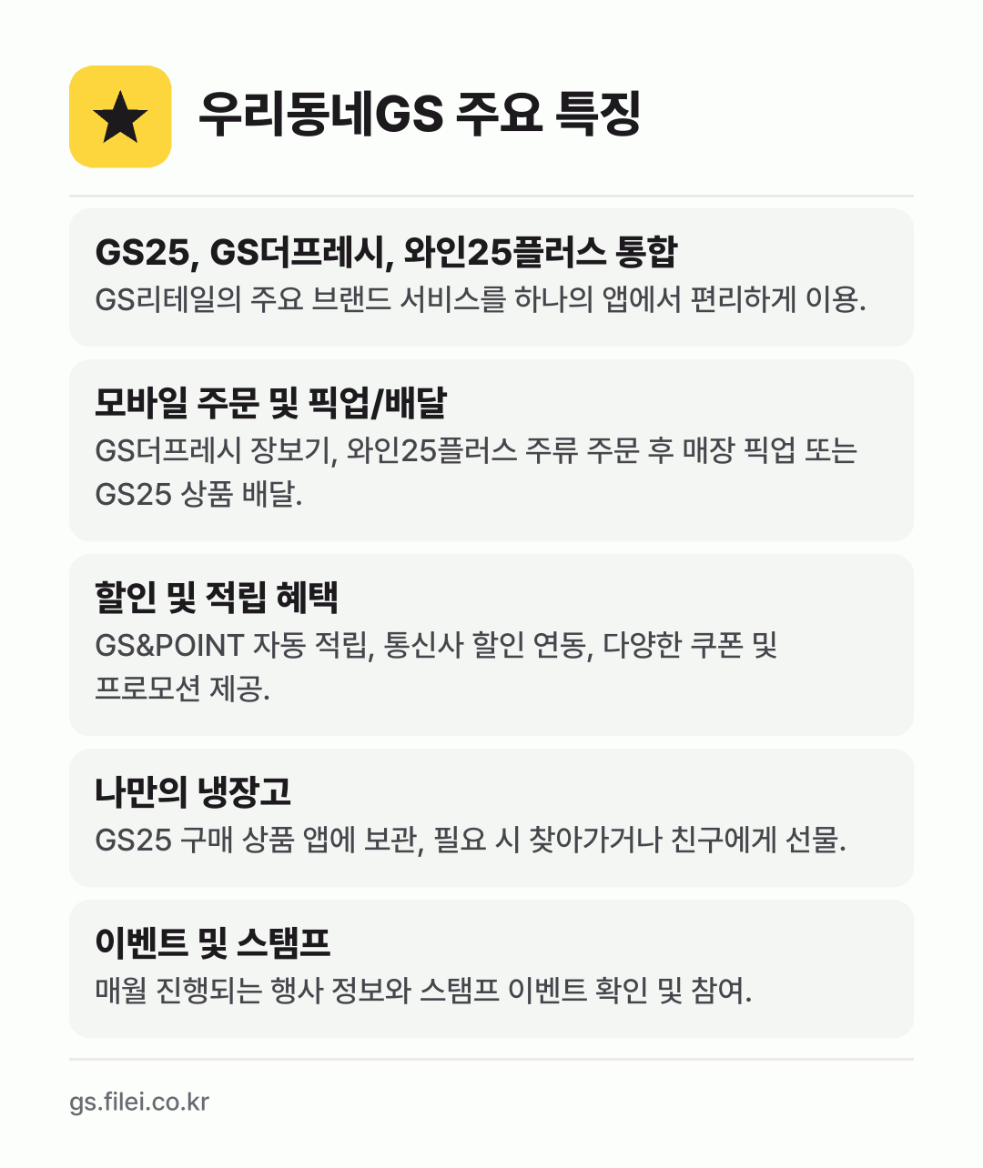우리동네GS 주요 특징: GS25, GS더프레시, 와인25플러스 통합, 모바일 주문 및 픽업/배달, 할인 및 적립 혜택, 나만의 냉장고, 이벤트 및 스탬프