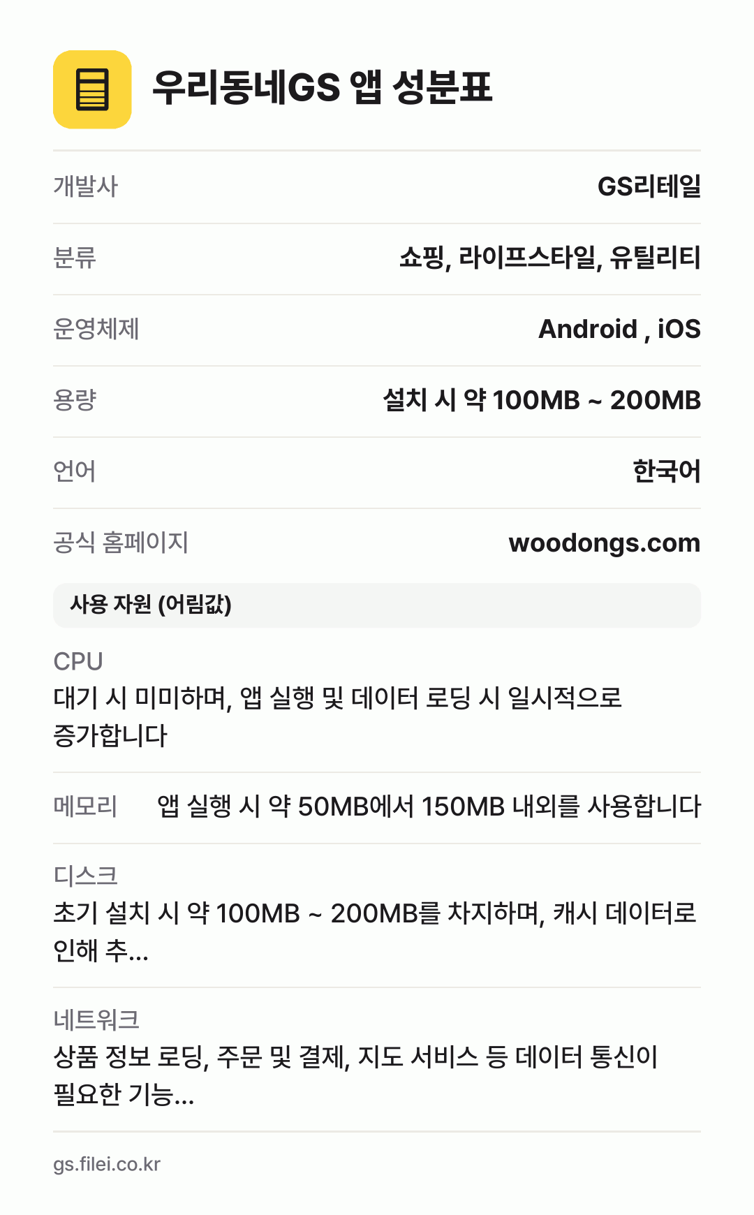 우리동네GS 앱 성분표: 개발사 GS리테일, 분류 쇼핑, 라이프스타일, 유틸리티, 운영체제 Android , iOS, 용량 설치 시 약 100MB ~ 200MB, 언어 한국어