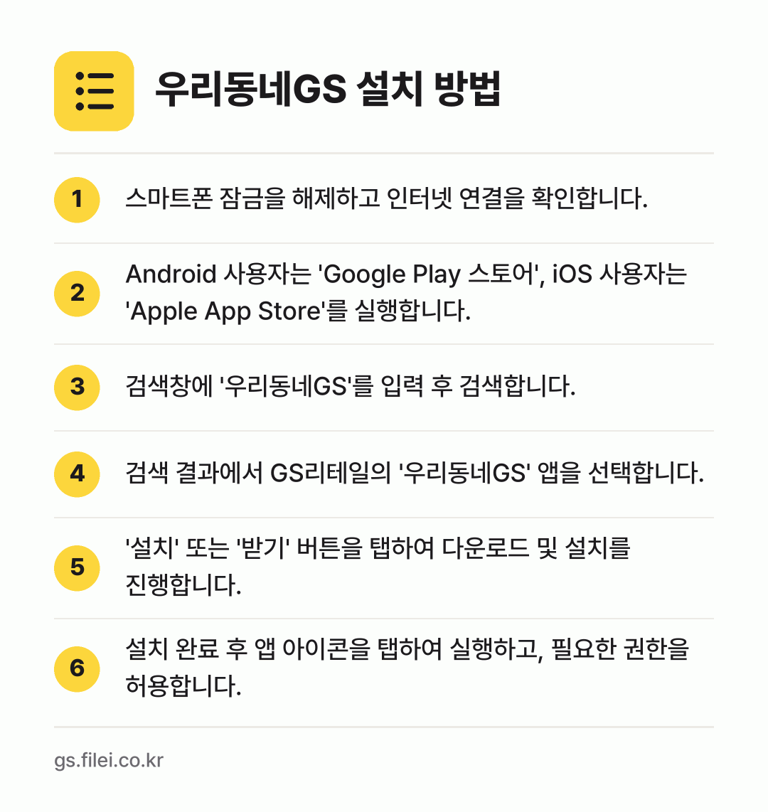 우리동네GS 설치 방법: 스마트폰 잠금을 해제하고 인터넷 연결을 확… → Android 사용자는 'Google Pl… → 검색창에 '우리동네GS'를 입력 후 검색합… → 검색 결과에서 GS리테일의 '우리동네GS'… → '설치' 또는 '받기' 버튼을 탭하여 다운… → 설치 완료 후 앱 아이콘을 탭하여 실행하고…