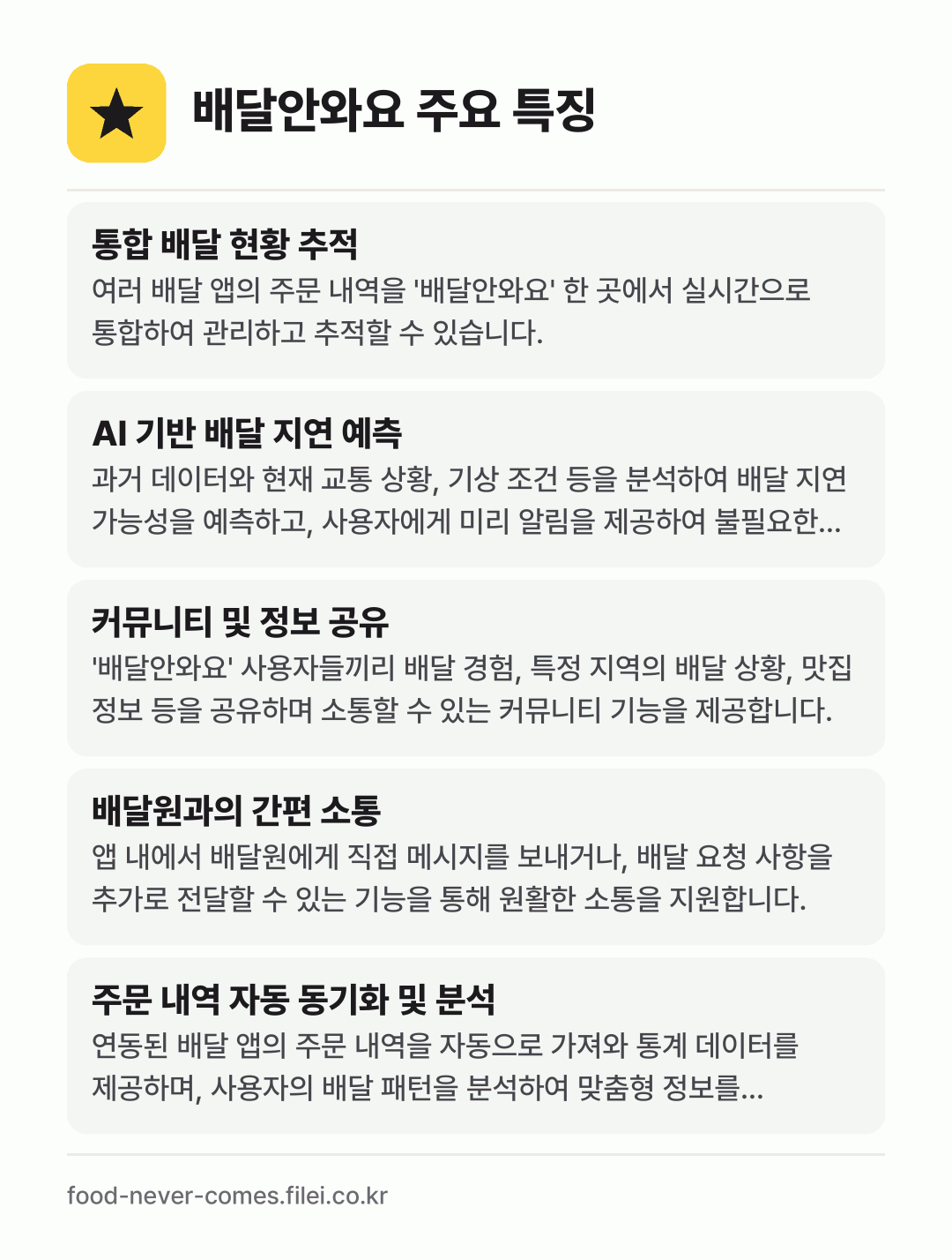 배달안와요 주요 특징: 통합 배달 현황 추적, AI 기반 배달 지연 예측, 커뮤니티 및 정보 공유, 배달원과의 간편 소통, 주문 내역 자동 동기화 및 분석
