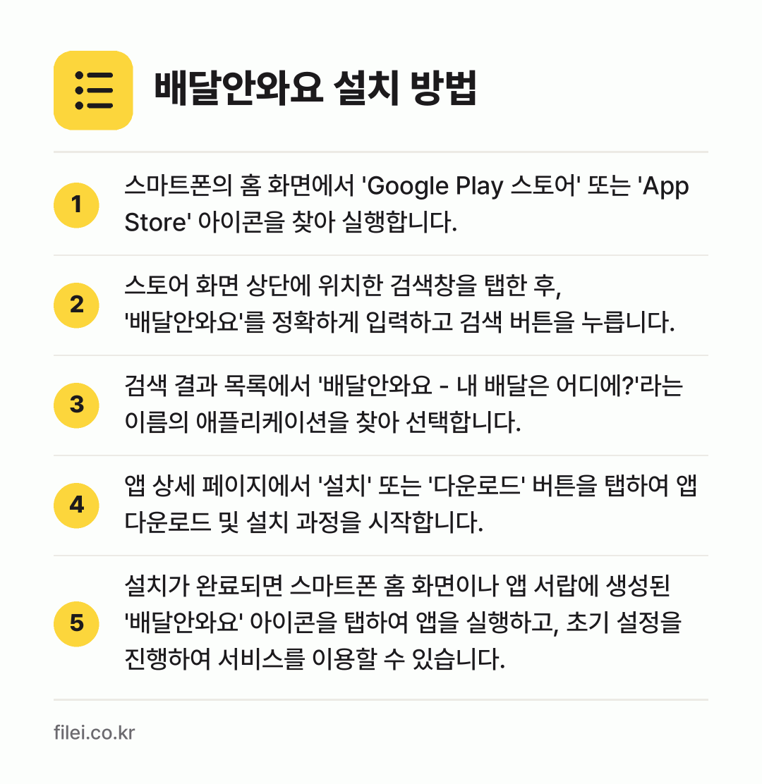 배달안와요 설치 방법: 스마트폰의 홈 화면에서 'Google Pl… → 스토어 화면 상단에 위치한 검색창을 탭한… → 검색 결과 목록에서 '배달안와요 - 내 배… → 앱 상세 페이지에서 '설치' 또는 '다운로… → 설치가 완료되면 스마트폰 홈 화면이나 앱…