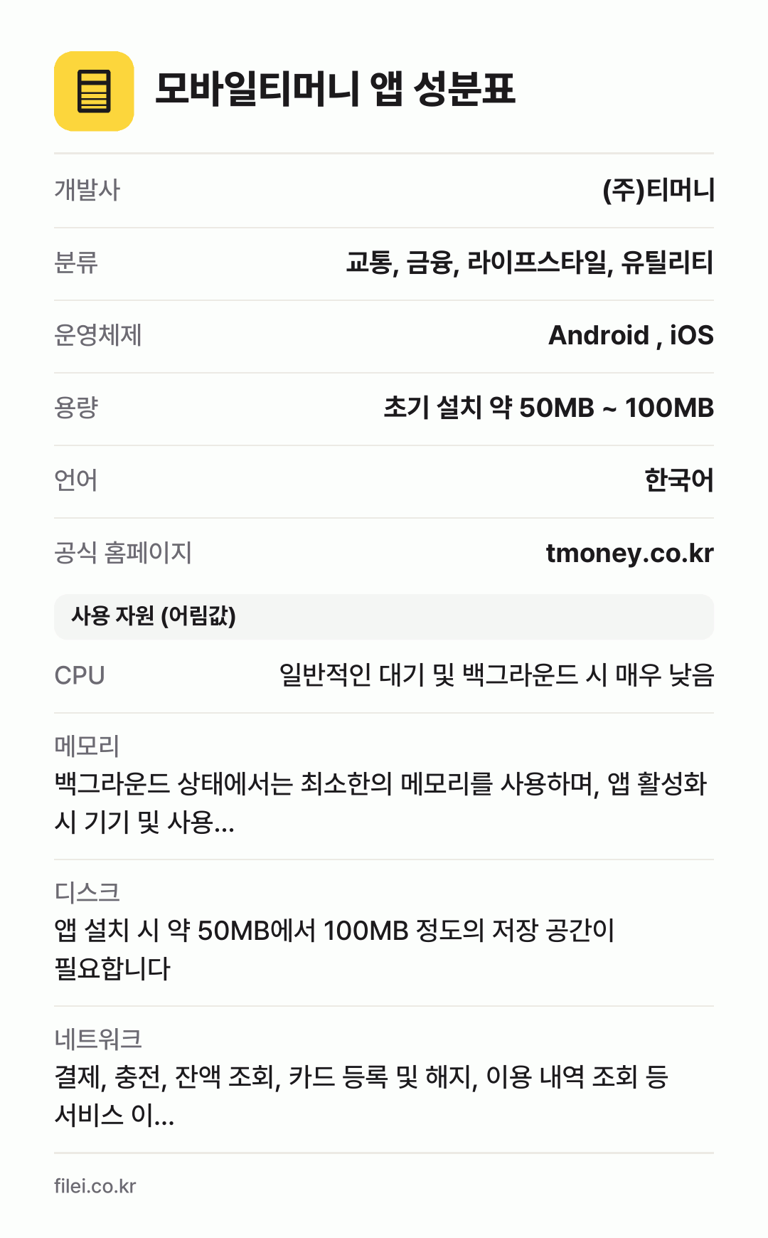 모바일티머니 앱 성분표: 개발사 (주)티머니, 분류 교통, 금융, 라이프스타일, 유틸리티, 운영체제 Android , iOS, 용량 초기 설치 약 50MB ~ 100MB, 언어 한국어