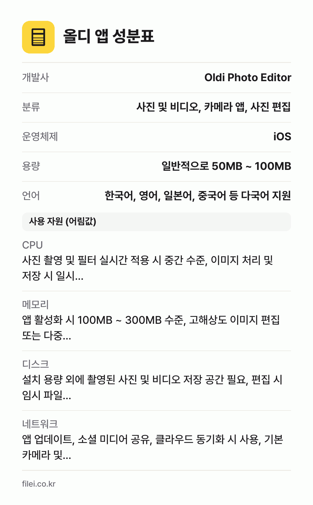 올디 앱 성분표: 개발사 Oldi Photo Editor, 분류 사진 및 비디오, 카메라 앱, 사진 편집, 운영체제 iOS, 용량 일반적으로 50MB ~ 100MB, 언어 한국어, 영어, 일본어, 중국어 등 다국어 지원