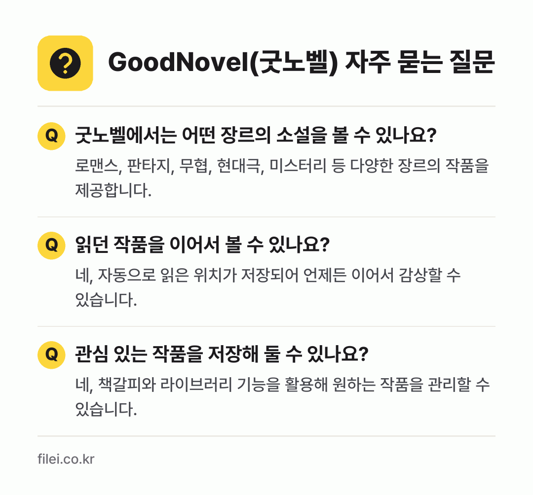 GoodNovel(굿노벨) 자주 묻는 질문: 굿노벨에서는 어떤 장르의 소설을 볼 수 있나요? / 읽던 작품을 이어서 볼 수 있나요? / 관심 있는 작품을 저장해 둘 수 있나요?