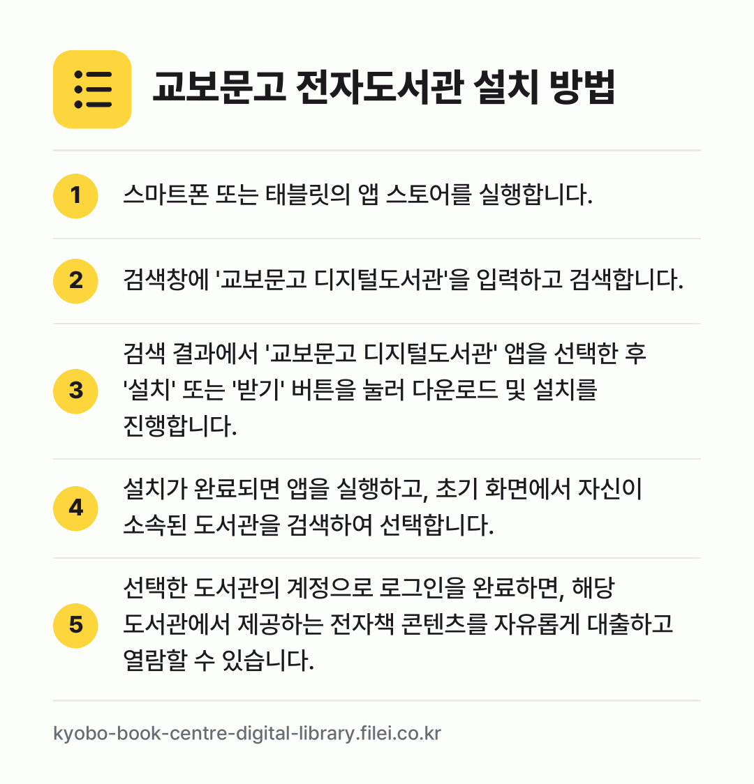 교보문고 전자도서관 설치 방법: 스마트폰 또는 태블릿의 앱 스토어를 실행합… → 검색창에 '교보문고 디지털도서관'을 입력하… → 검색 결과에서 '교보문고 디지털도서관' 앱… → 설치가 완료되면 앱을 실행하고, 초기 화면… → 선택한 도서관의 계정으로 로그인을 완료하면…