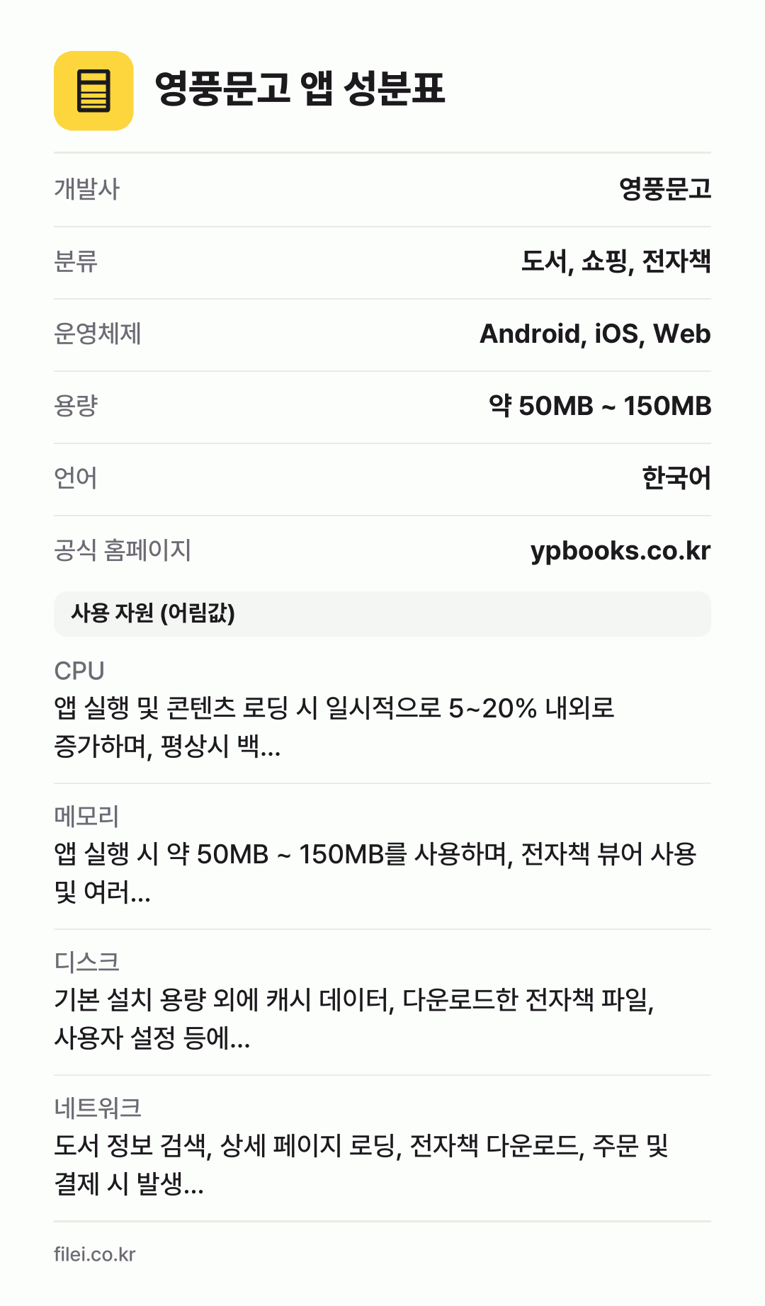 영풍문고 앱 성분표: 개발사 영풍문고, 분류 도서, 쇼핑, 전자책, 운영체제 Android, iOS, Web, 용량 약 50MB ~ 150MB, 언어 한국어