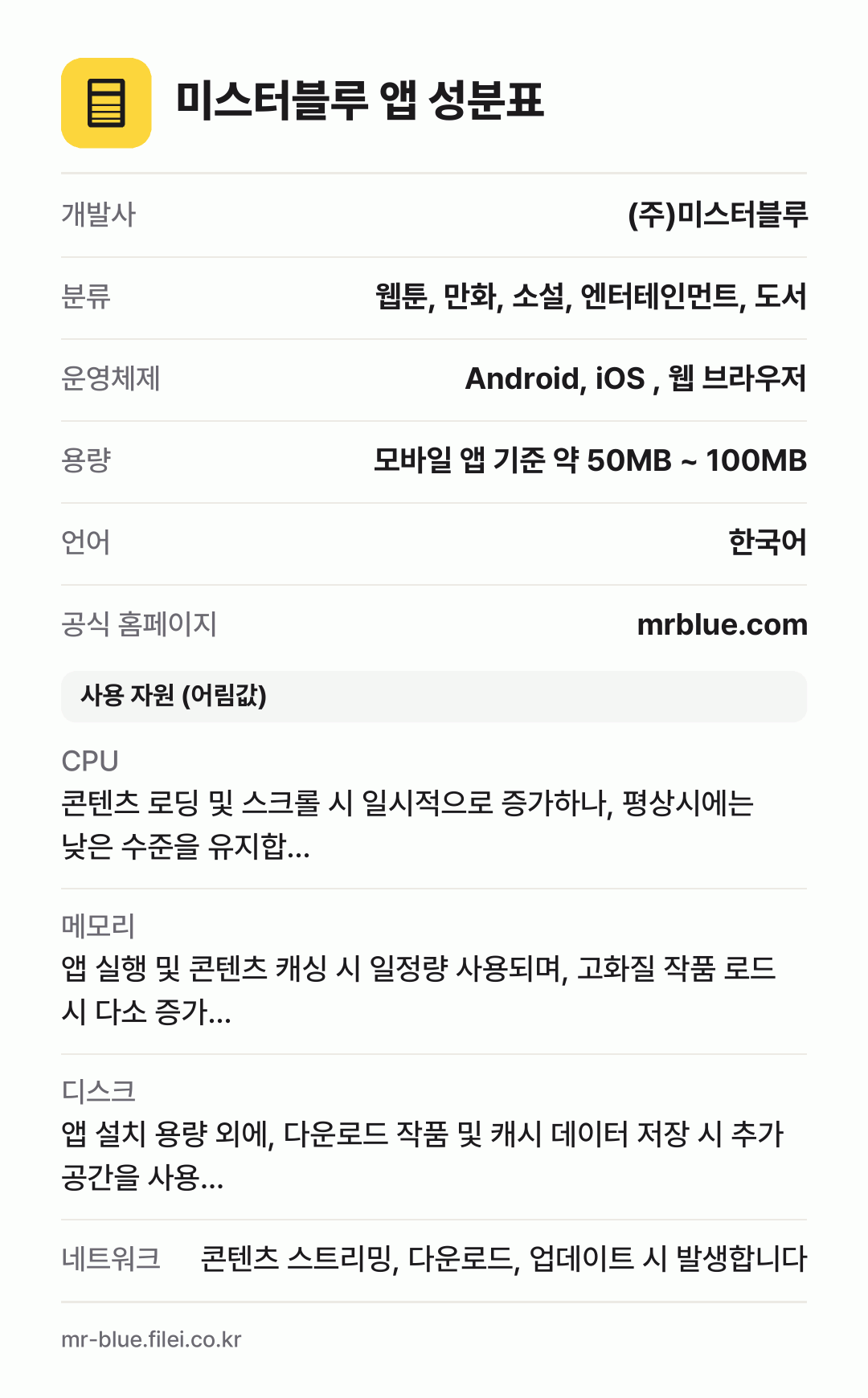 미스터블루 앱 성분표: 개발사 (주)미스터블루, 분류 웹툰, 만화, 소설, 엔터테인먼트, 도서, 운영체제 Android, iOS , 웹 브라우저, 용량 모바일 앱 기준 약 50MB ~ 100MB, 언어 한국어