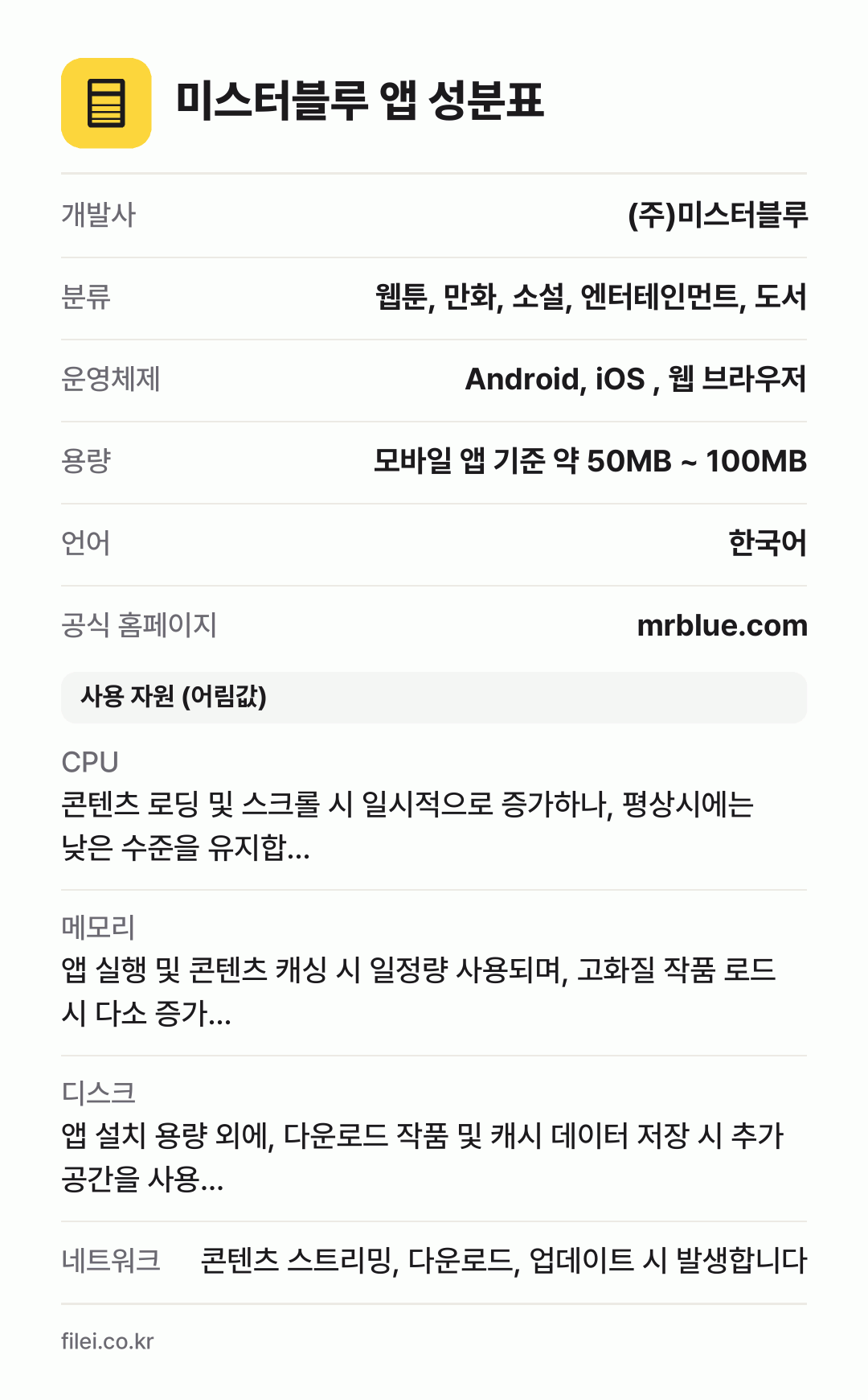 미스터블루 앱 성분표: 개발사 (주)미스터블루, 분류 웹툰, 만화, 소설, 엔터테인먼트, 도서, 운영체제 Android, iOS , 웹 브라우저, 용량 모바일 앱 기준 약 50MB ~ 100MB, 언어 한국어