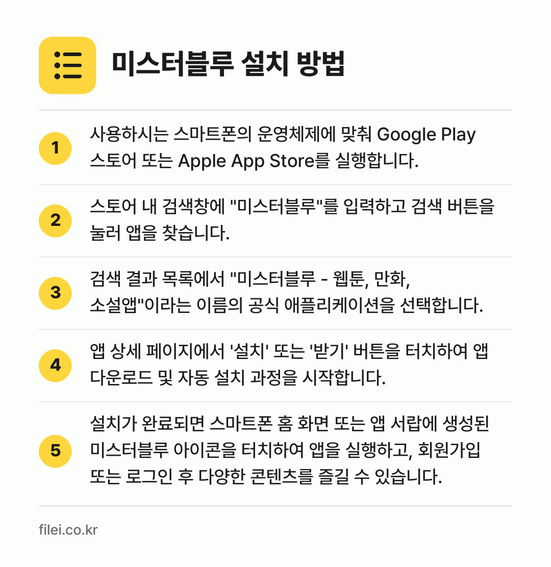 미스터블루 설치 방법: 사용하시는 스마트폰의 운영체제에 맞춰 Go… → 스토어 내 검색창에 "미스터블루"를 입력하… → 검색 결과 목록에서 "미스터블루 - 웹툰,… → 앱 상세 페이지에서 '설치' 또는 '받기'… → 설치가 완료되면 스마트폰 홈 화면 또는 앱…