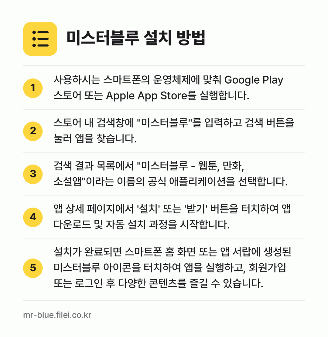 미스터블루 설치 방법: 사용하시는 스마트폰의 운영체제에 맞춰 Go… → 스토어 내 검색창에 "미스터블루"를 입력하… → 검색 결과 목록에서 "미스터블루 - 웹툰,… → 앱 상세 페이지에서 '설치' 또는 '받기'… → 설치가 완료되면 스마트폰 홈 화면 또는 앱…