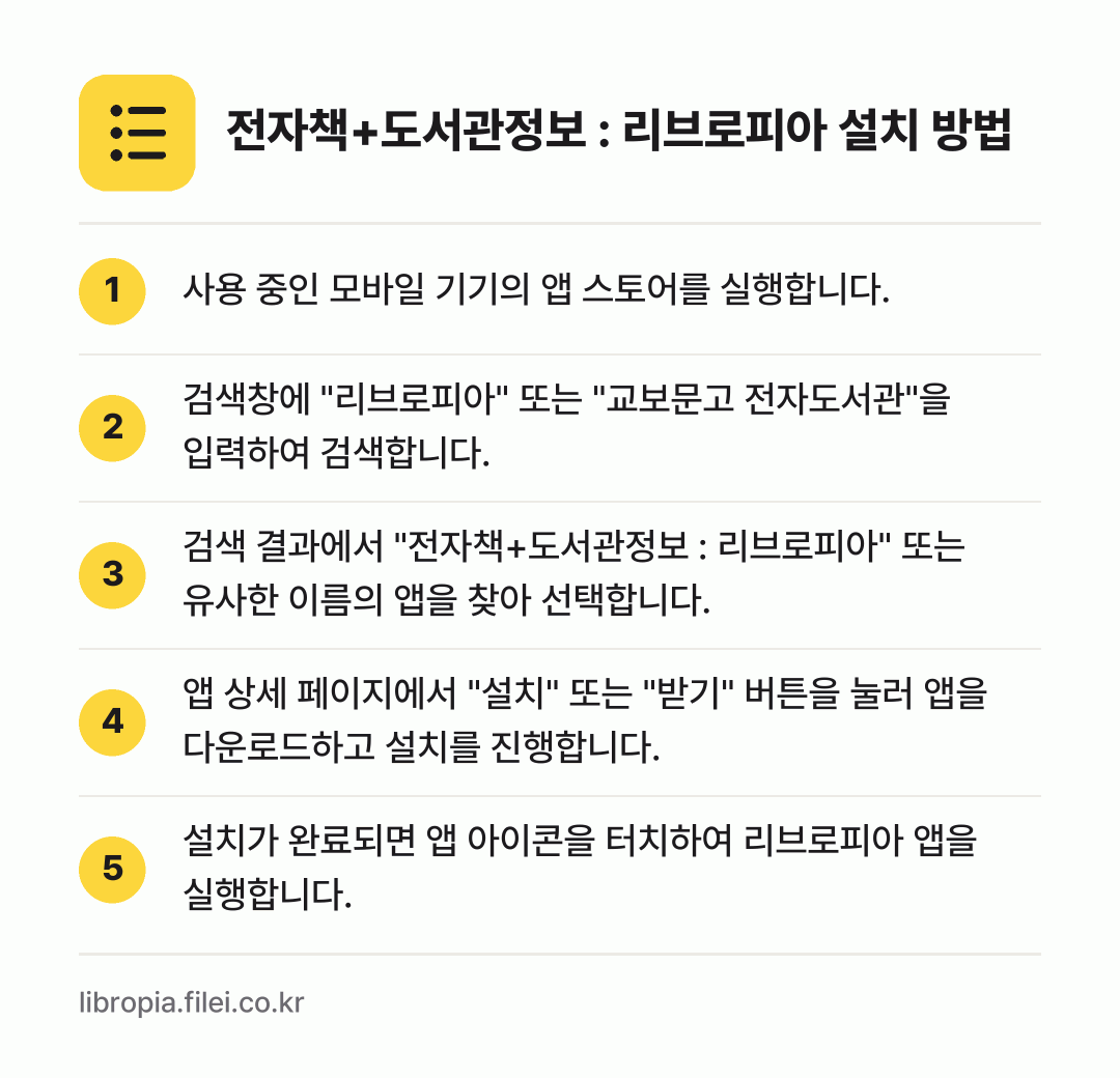 전자책+도서관정보 : 리브로피아 설치 방법: 사용 중인 모바일 기기의 앱 스토어를 실행… → 검색창에 "리브로피아" 또는 "교보문고 전… → 검색 결과에서 "전자책+도서관정보 : 리브… → 앱 상세 페이지에서 "설치" 또는 "받기"… → 설치가 완료되면 앱 아이콘을 터치하여 리브…