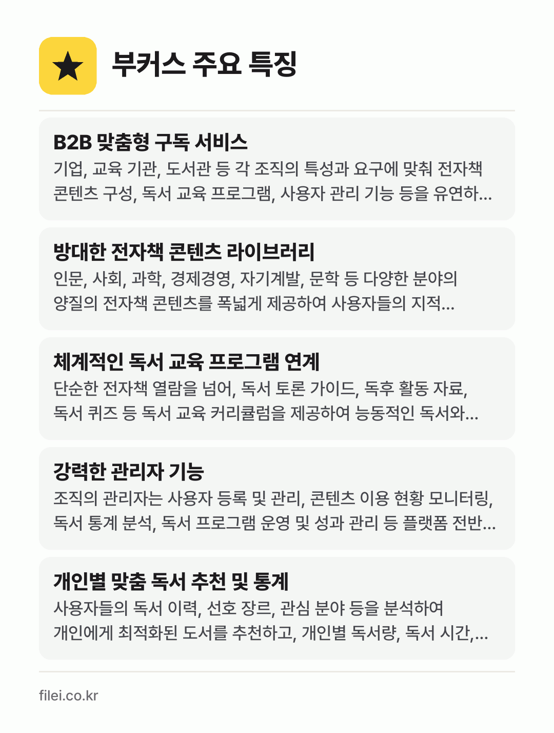부커스 주요 특징: B2B 맞춤형 구독 서비스, 방대한 전자책 콘텐츠 라이브러리, 체계적인 독서 교육 프로그램 연계, 강력한 관리자 기능, 개인별 맞춤 독서 추천 및 통계