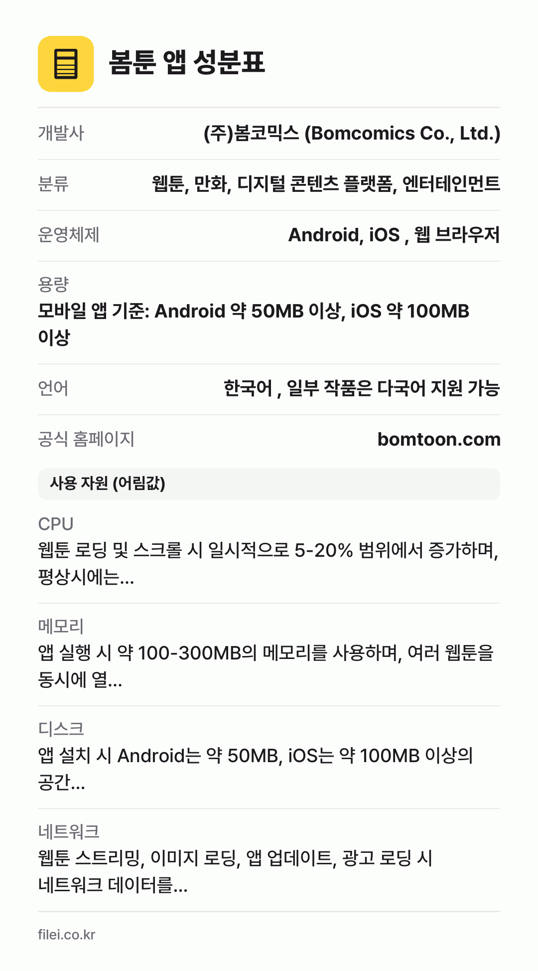봄툰 앱 성분표: 개발사 (주)봄코믹스 (Bomcomics Co., Ltd.), 분류 웹툰, 만화, 디지털 콘텐츠 플랫폼, 엔터테인먼트, 운영체제 Android, iOS , 웹 브라우저, 용량 모바일 앱 기준: Android 약 50MB 이상, iOS 약 100MB 이상, 언어 한국어 , 일부 작품은 다국어 지원 가능