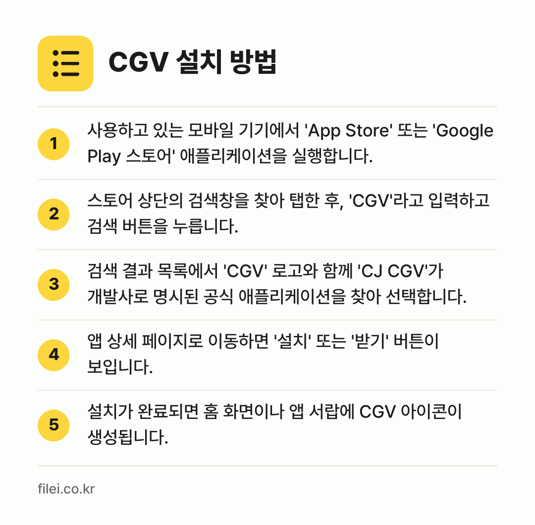 CGV 설치 방법: 사용하고 있는 모바일 기기에서 'App S… → 스토어 상단의 검색창을 찾아 탭한 후, '… → 검색 결과 목록에서 'CGV' 로고와 함께… → 앱 상세 페이지로 이동하면 '설치' 또는… → 설치가 완료되면 홈 화면이나 앱 서랍에 C…