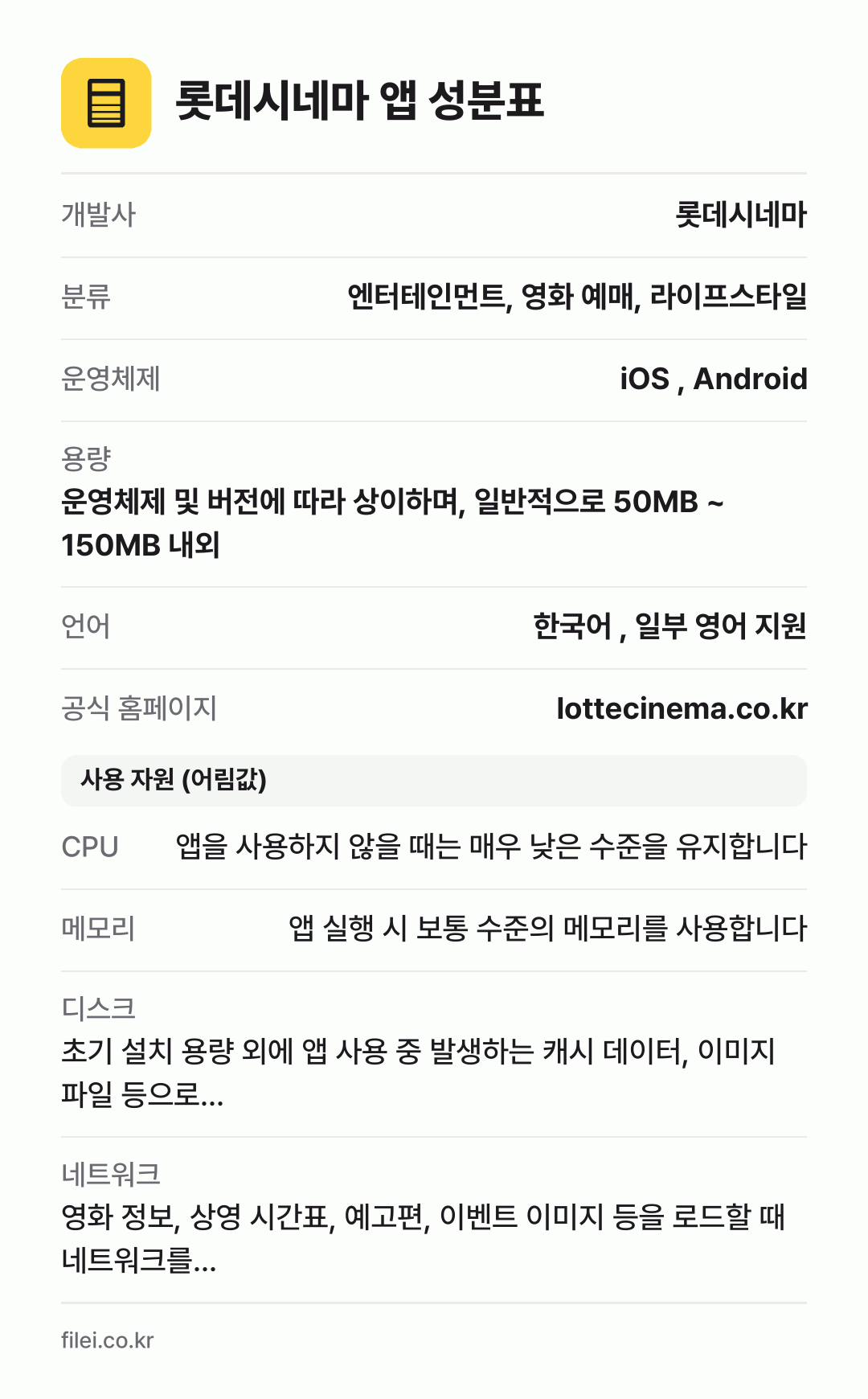 롯데시네마 앱 성분표: 개발사 롯데시네마, 분류 엔터테인먼트, 영화 예매, 라이프스타일, 운영체제 iOS , Android, 용량 운영체제 및 버전에 따라 상이하며, 일반적으로 50MB ~ 150MB 내외, 언어 한국어 , 일부 영어 지원