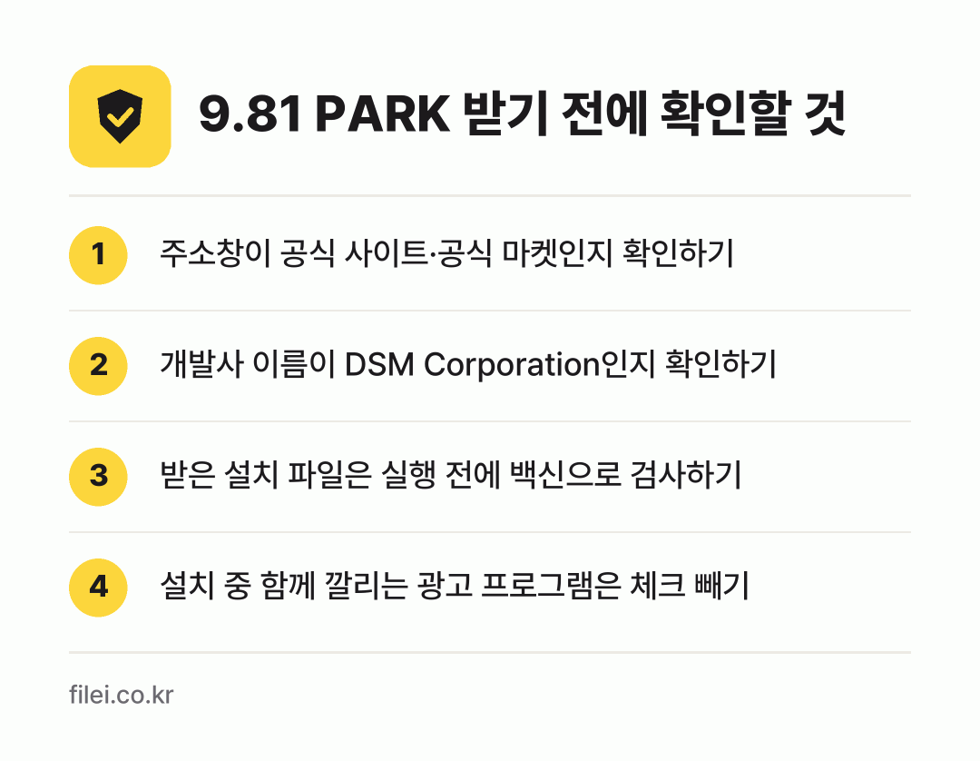 9.81 PARK 받기 전에 확인할 것: 주소창이 공식 사이트·공식 마켓인지 확인하기, 개발사 이름이 DSM Corporation인지 확인하기, 받은 설치 파일은 실행 전에 백신으로 검사하기, 설치 중 함께 깔리는 광고 프로그램은 체크 빼기