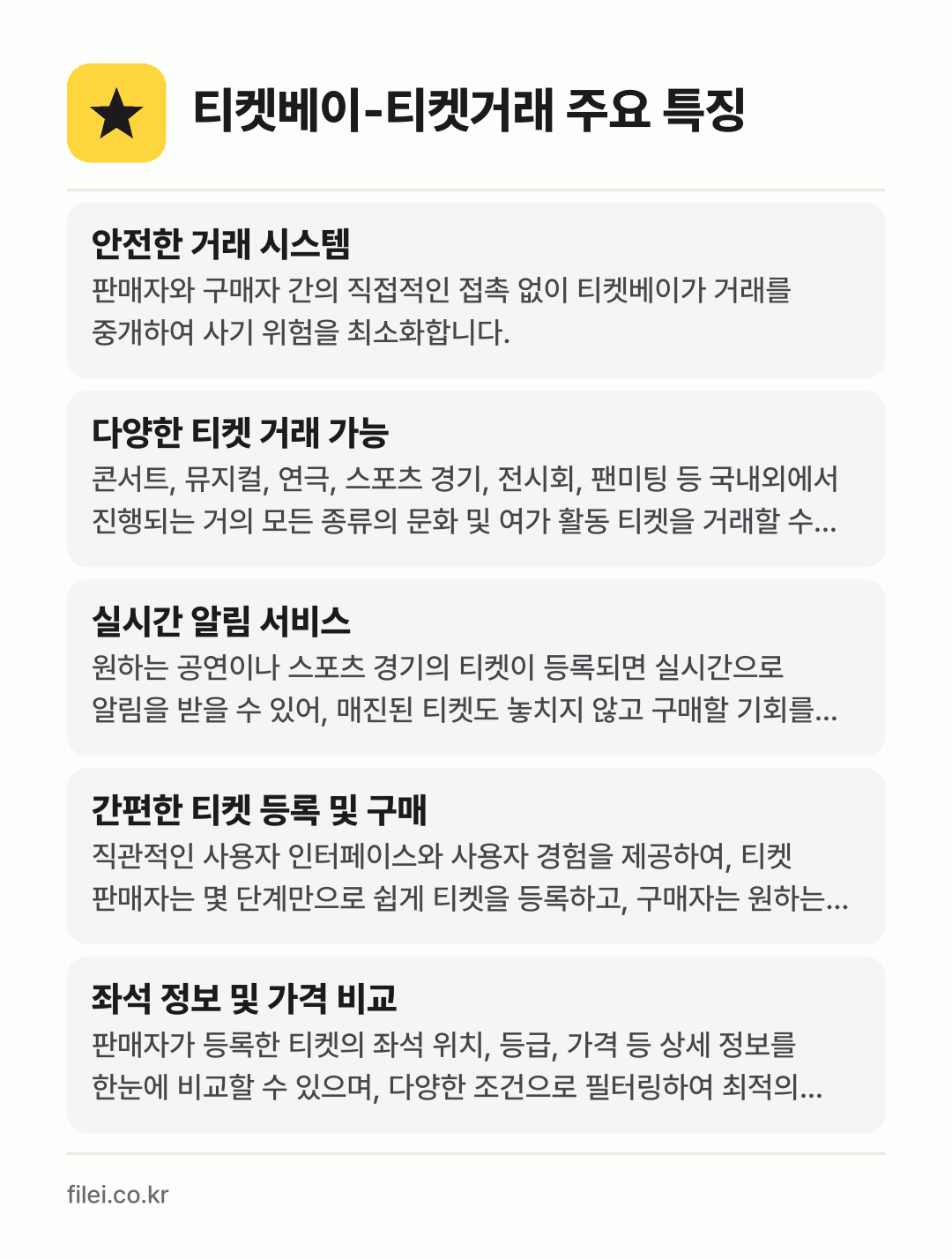 티켓베이-티켓거래 주요 특징: 안전한 거래 시스템, 다양한 티켓 거래 가능, 실시간 알림 서비스, 간편한 티켓 등록 및 구매, 좌석 정보 및 가격 비교