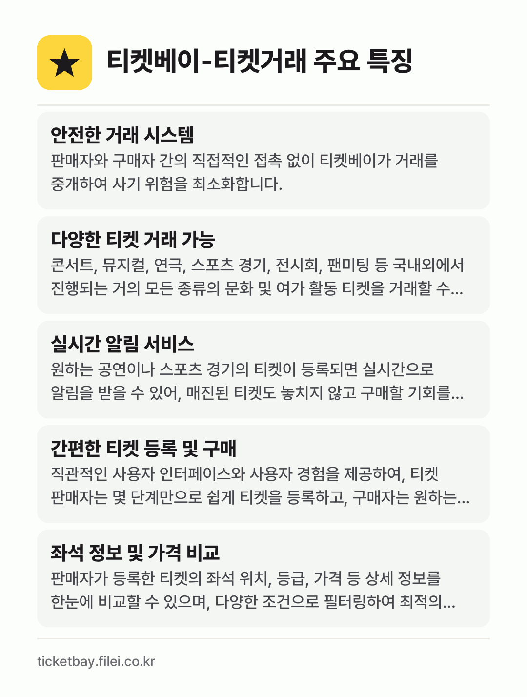 티켓베이-티켓거래 주요 특징: 안전한 거래 시스템, 다양한 티켓 거래 가능, 실시간 알림 서비스, 간편한 티켓 등록 및 구매, 좌석 정보 및 가격 비교