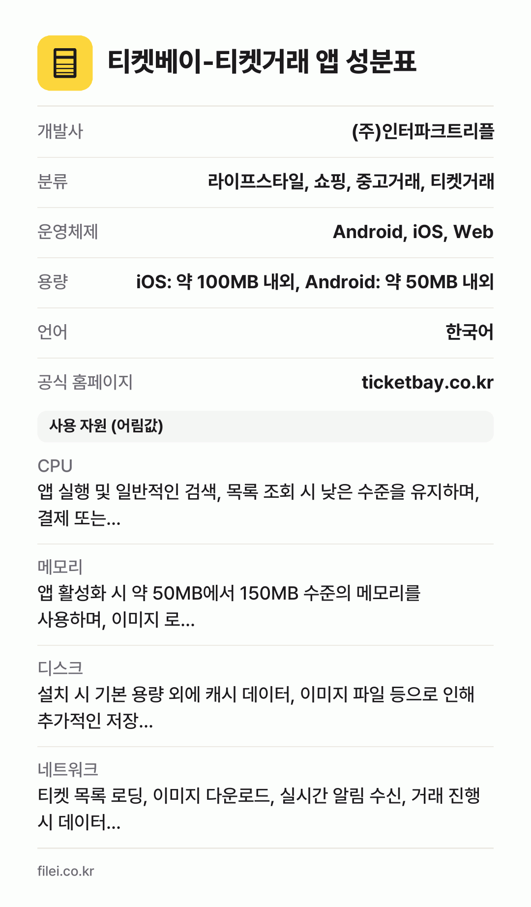 티켓베이-티켓거래 앱 성분표: 개발사 (주)인터파크트리플, 분류 라이프스타일, 쇼핑, 중고거래, 티켓거래, 운영체제 Android, iOS, Web, 용량 iOS: 약 100MB 내외, Android: 약 50MB 내외, 언어 한국어