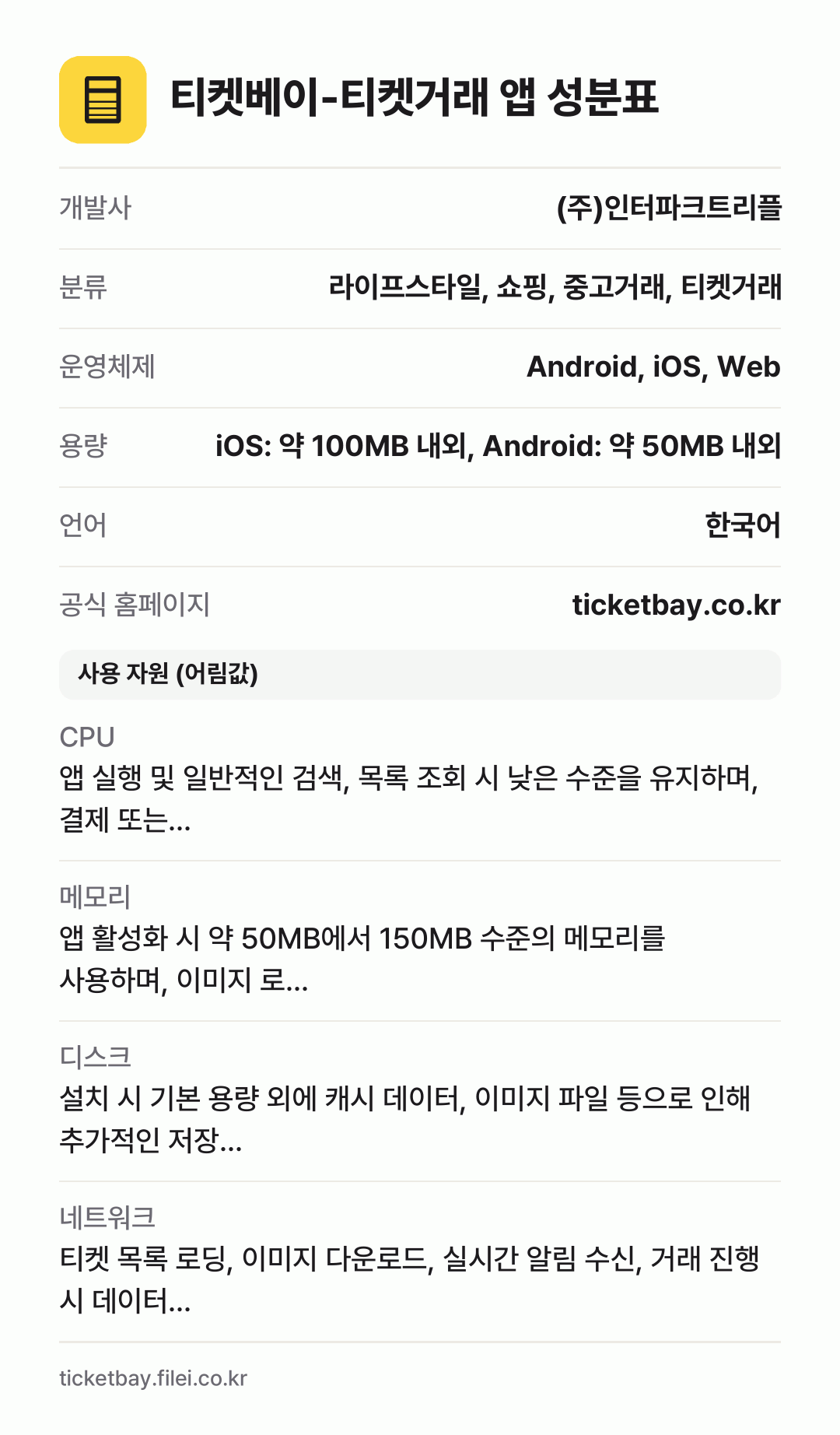 티켓베이-티켓거래 앱 성분표: 개발사 (주)인터파크트리플, 분류 라이프스타일, 쇼핑, 중고거래, 티켓거래, 운영체제 Android, iOS, Web, 용량 iOS: 약 100MB 내외, Android: 약 50MB 내외, 언어 한국어