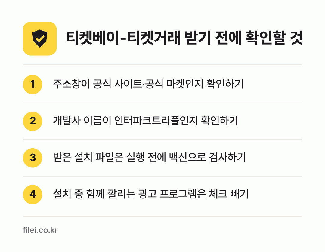 티켓베이-티켓거래 받기 전에 확인할 것: 주소창이 공식 사이트·공식 마켓인지 확인하기, 개발사 이름이 인터파크트리플인지 확인하기, 받은 설치 파일은 실행 전에 백신으로 검사하기, 설치 중 함께 깔리는 광고 프로그램은 체크 빼기