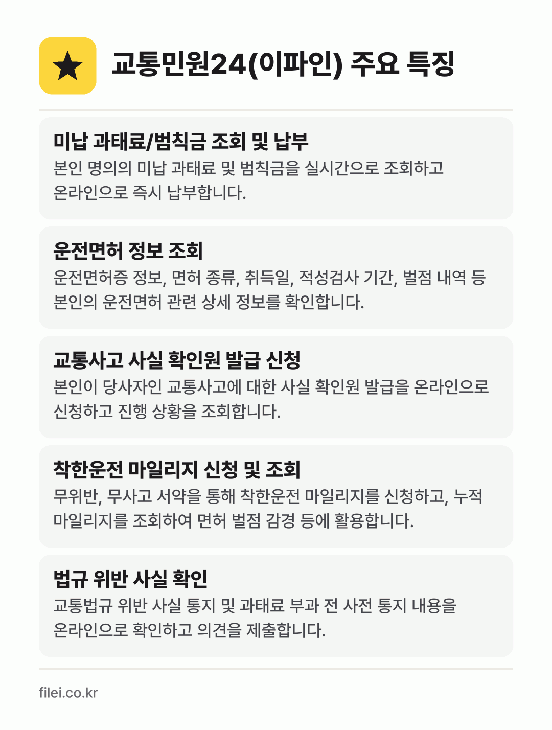 교통민원24(이파인) 주요 특징: 미납 과태료/범칙금 조회 및 납부, 운전면허 정보 조회, 교통사고 사실 확인원 발급 신청, 착한운전 마일리지 신청 및 조회, 법규 위반 사실 확인