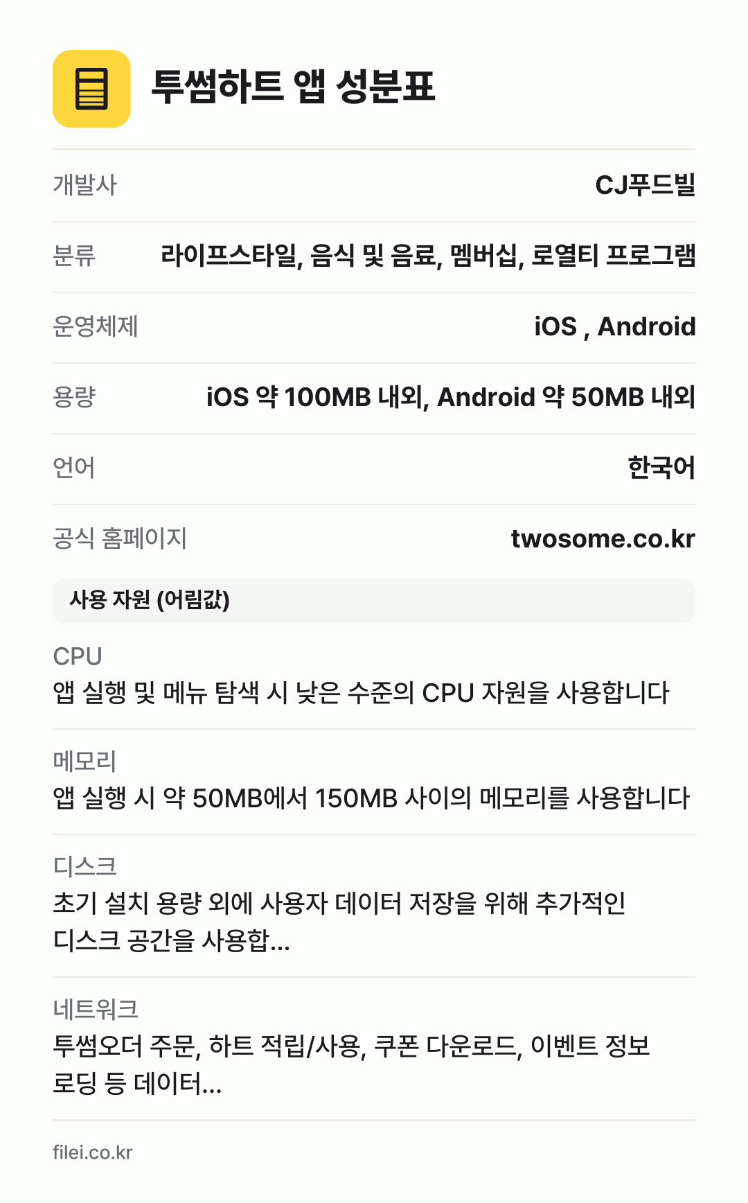 투썸하트 앱 성분표: 개발사 CJ푸드빌, 분류 라이프스타일, 음식 및 음료, 멤버십, 로열티 프로그램, 운영체제 iOS , Android, 용량 iOS 약 100MB 내외, Android 약 50MB 내외, 언어 한국어