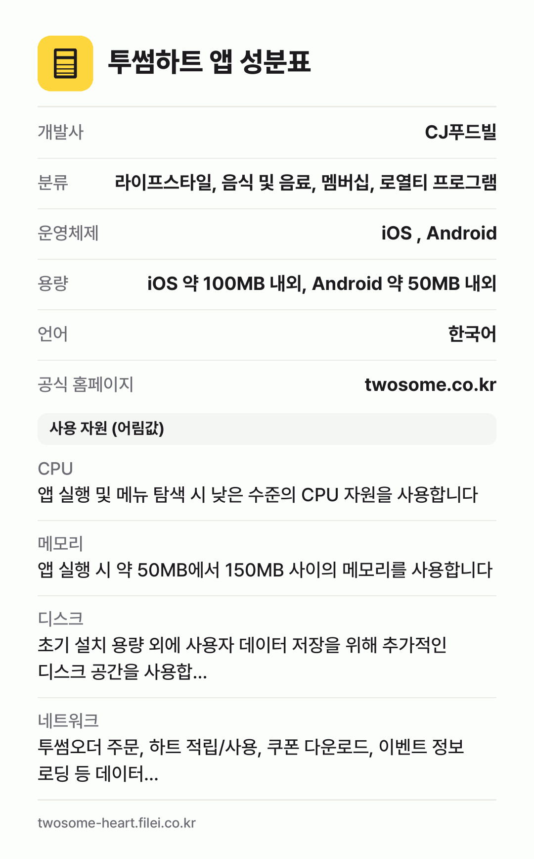 투썸하트 앱 성분표: 개발사 CJ푸드빌, 분류 라이프스타일, 음식 및 음료, 멤버십, 로열티 프로그램, 운영체제 iOS , Android, 용량 iOS 약 100MB 내외, Android 약 50MB 내외, 언어 한국어