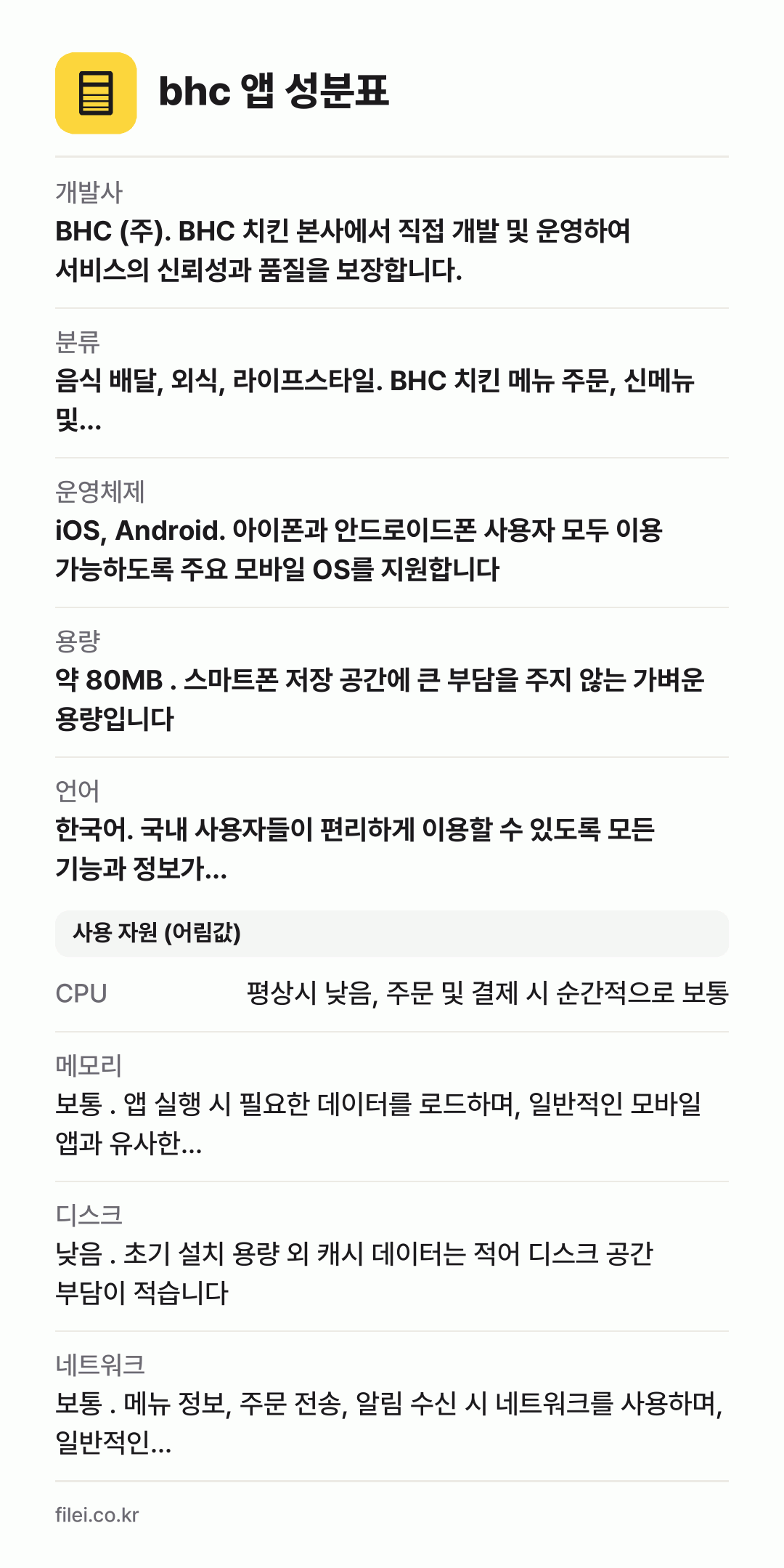 bhc 앱 성분표: 개발사 BHC (주). BHC 치킨 본사에서 직접 개발 및 운영하여 서비스의 신뢰성과 품질을 보장합니다., 분류 음식 배달, 외식, 라이프스타일. BHC 치킨 메뉴 주문, 신메뉴 및…, 운영체제 iOS, Android. 아이폰과 안드로이드폰 사용자 모두 이용 가능하도록 주요 모바일 OS를 지원합니다, 용량 약 80MB . 스마트폰 저장