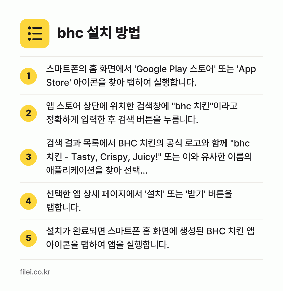 bhc 설치 방법: 스마트폰의 홈 화면에서 'Google Pl… → 앱 스토어 상단에 위치한 검색창에 "bhc… → 검색 결과 목록에서 BHC 치킨의 공식 로… → 선택한 앱 상세 페이지에서 '설치' 또는… → 설치가 완료되면 스마트폰 홈 화면에 생성된…
