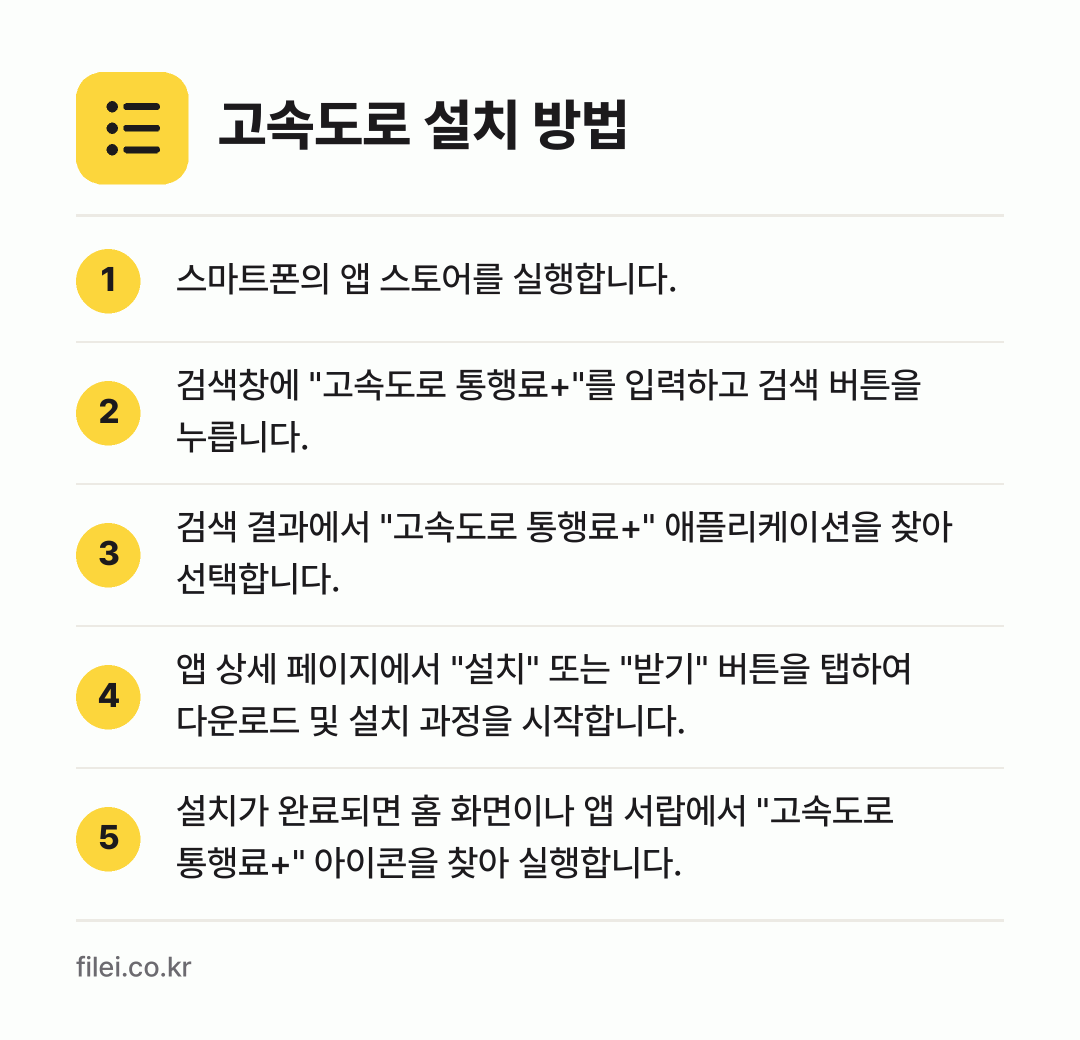 고속도로 설치 방법: 스마트폰의 앱 스토어를 실행합니다. → 검색창에 "고속도로 통행료+"를 입력하고… → 검색 결과에서 "고속도로 통행료+" 애플리… → 앱 상세 페이지에서 "설치" 또는 "받기"… → 설치가 완료되면 홈 화면이나 앱 서랍에서…