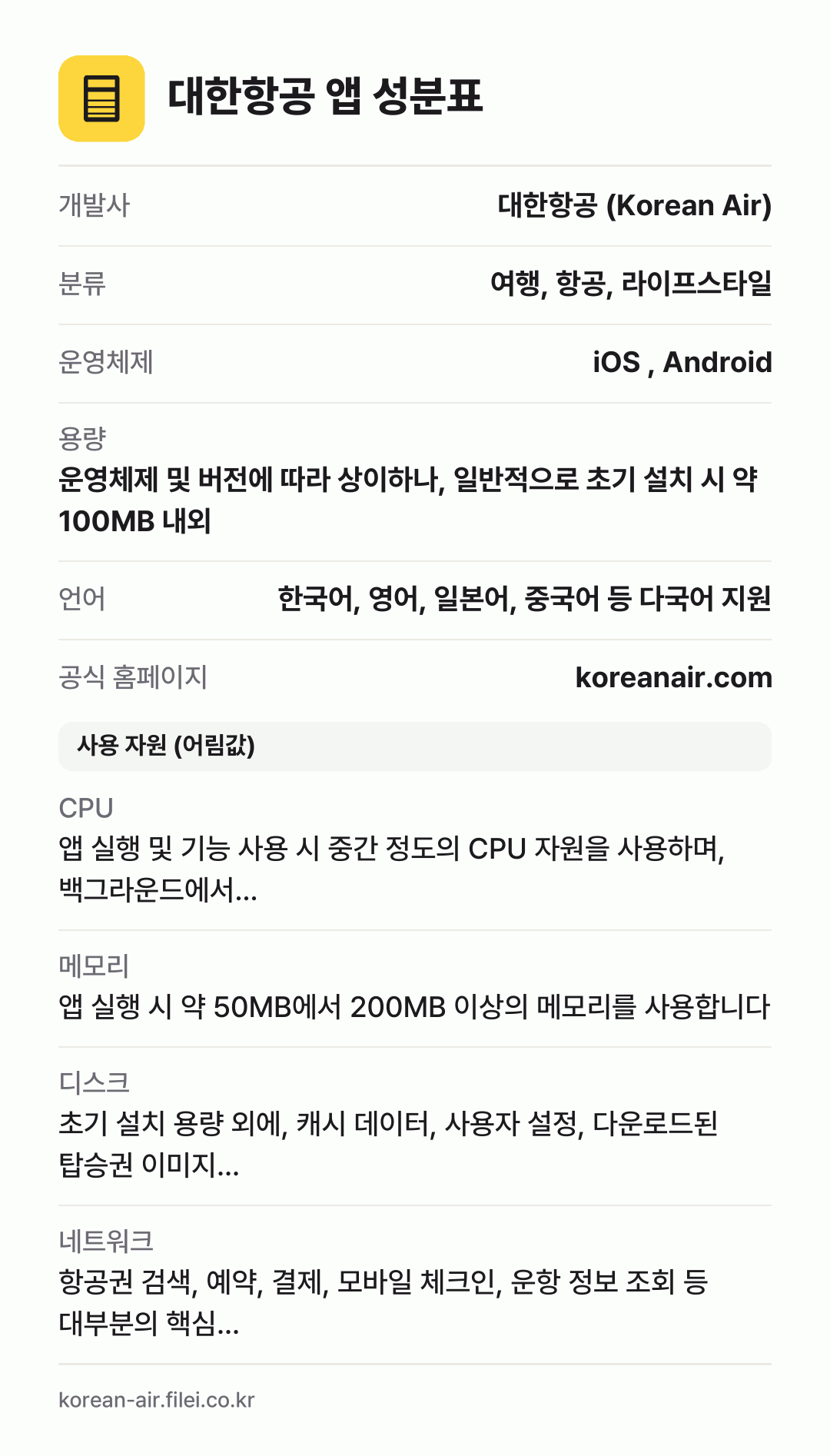 대한항공 앱 성분표: 개발사 대한항공 (Korean Air), 분류 여행, 항공, 라이프스타일, 운영체제 iOS , Android, 용량 운영체제 및 버전에 따라 상이하나, 일반적으로 초기 설치 시 약 100MB 내외, 언어 한국어, 영어, 일본어, 중국어 등 다국어 지원