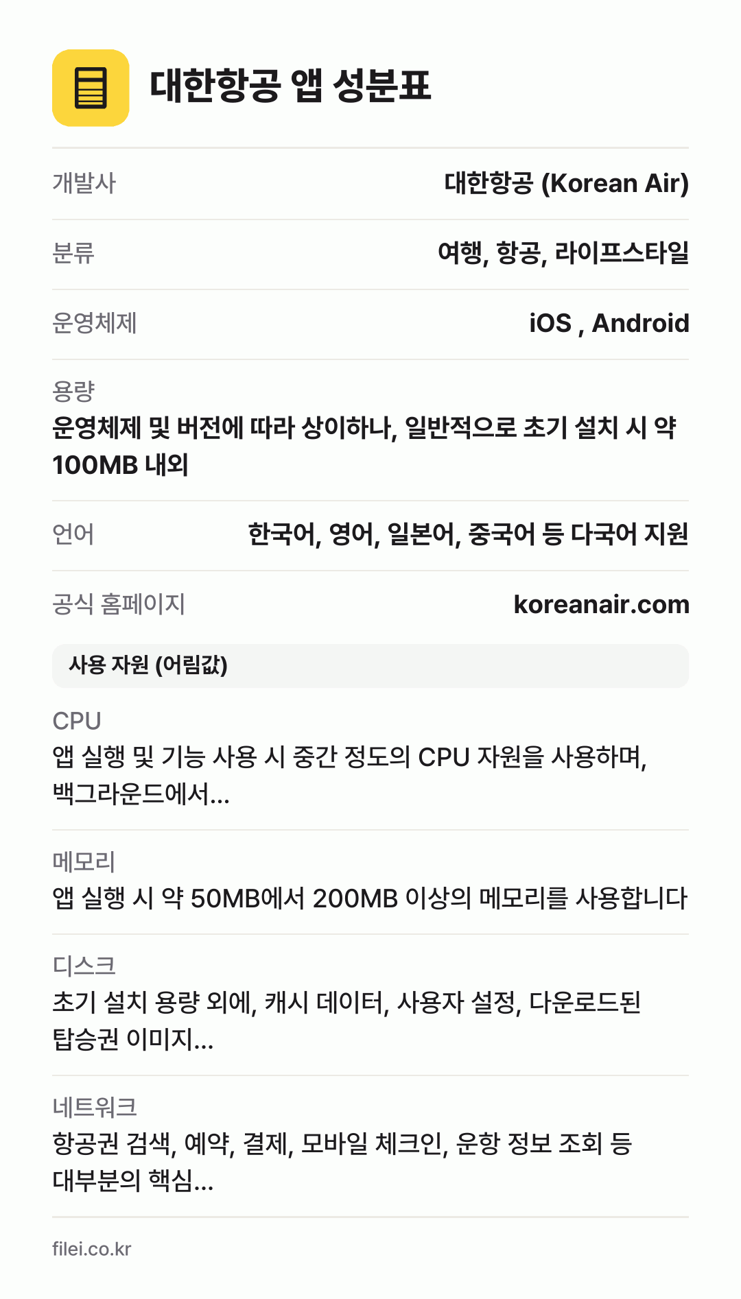 대한항공 앱 성분표: 개발사 대한항공 (Korean Air), 분류 여행, 항공, 라이프스타일, 운영체제 iOS , Android, 용량 운영체제 및 버전에 따라 상이하나, 일반적으로 초기 설치 시 약 100MB 내외, 언어 한국어, 영어, 일본어, 중국어 등 다국어 지원
