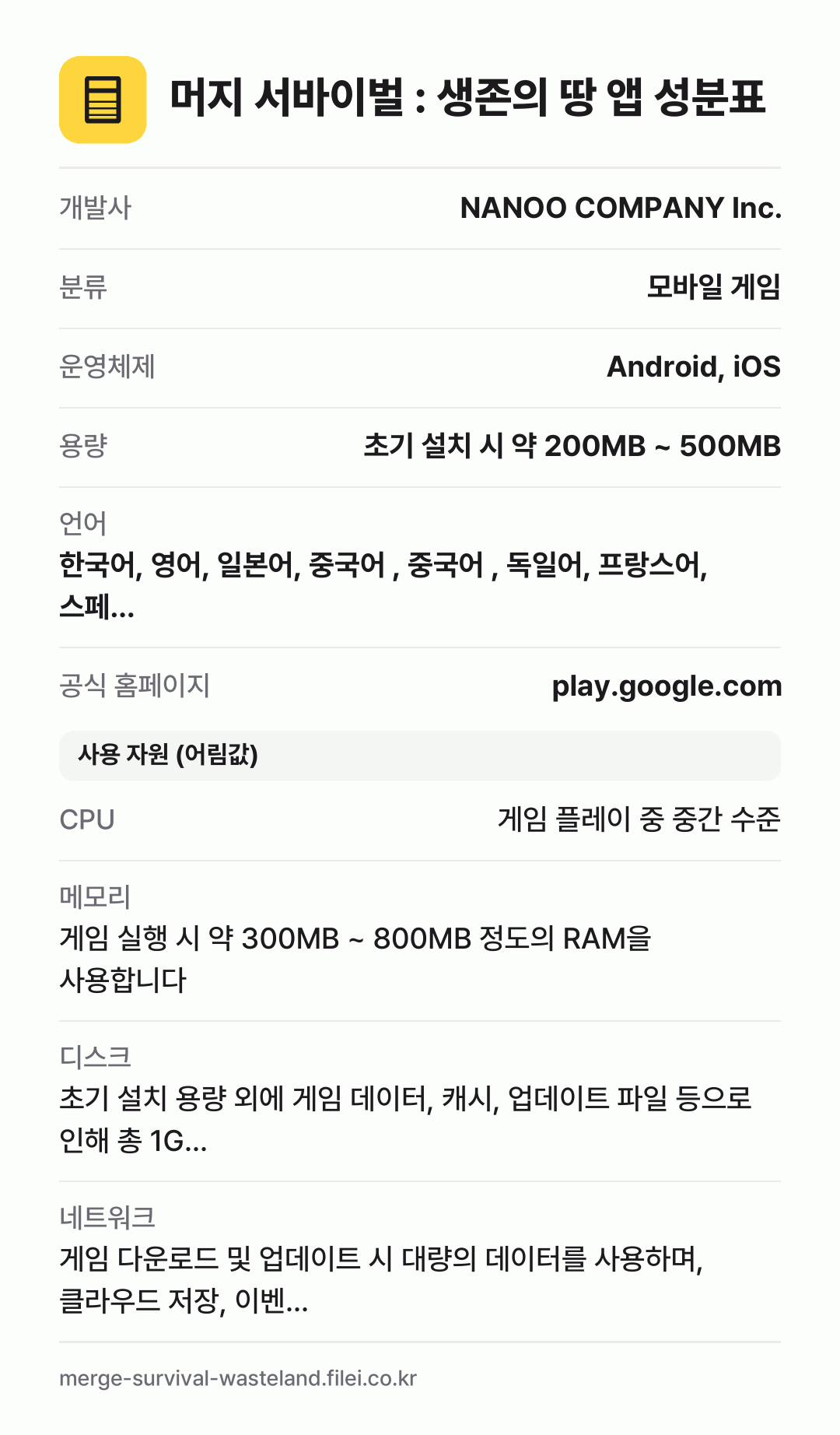 머지 서바이벌 : 생존의 땅 앱 성분표: 개발사 NANOO COMPANY Inc., 분류 모바일 게임, 운영체제 Android, iOS, 용량 초기 설치 시 약 200MB ~ 500MB, 언어 한국어, 영어, 일본어, 중국어 , 중국어 , 독일어, 프랑스어, 스페…
