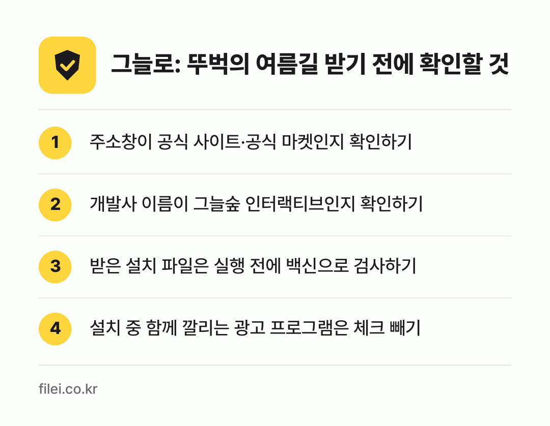 그늘로: 뚜벅의 여름길 받기 전에 확인할 것: 주소창이 공식 사이트·공식 마켓인지 확인하기, 개발사 이름이 그늘숲 인터랙티브인지 확인하기, 받은 설치 파일은 실행 전에 백신으로 검사하기, 설치 중 함께 깔리는 광고 프로그램은 체크 빼기