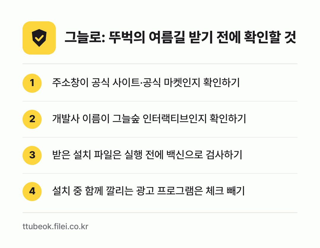 그늘로: 뚜벅의 여름길 받기 전에 확인할 것: 주소창이 공식 사이트·공식 마켓인지 확인하기, 개발사 이름이 그늘숲 인터랙티브인지 확인하기, 받은 설치 파일은 실행 전에 백신으로 검사하기, 설치 중 함께 깔리는 광고 프로그램은 체크 빼기