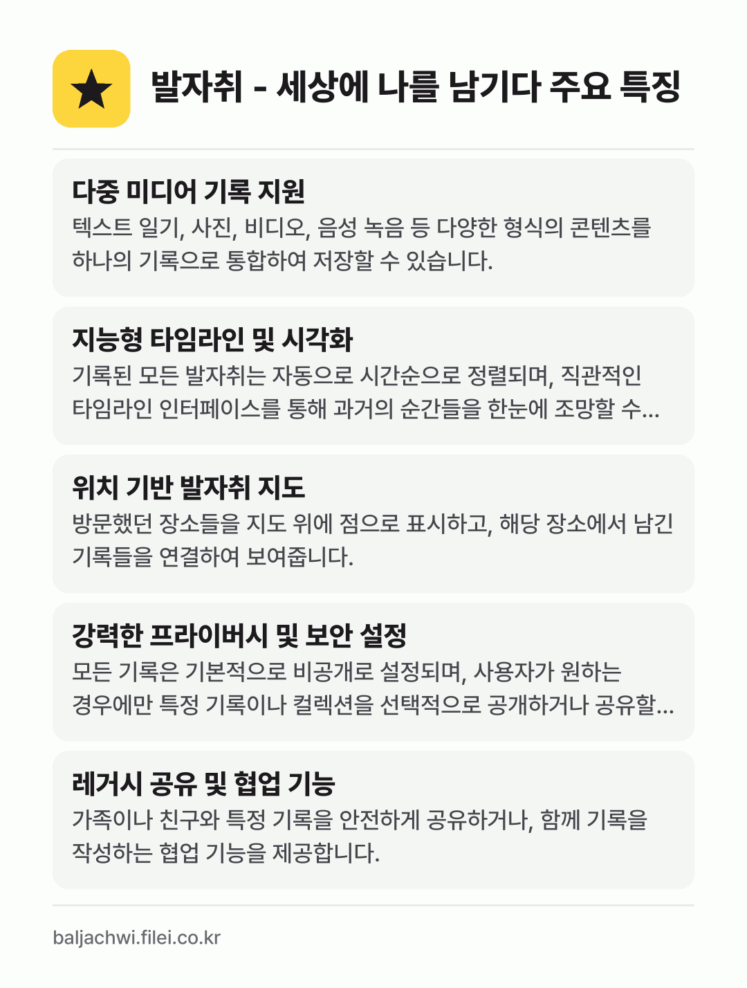 발자취 - 세상에 나를 남기다 주요 특징: 다중 미디어 기록 지원, 지능형 타임라인 및 시각화, 위치 기반 발자취 지도, 강력한 프라이버시 및 보안 설정, 레거시 공유 및 협업 기능