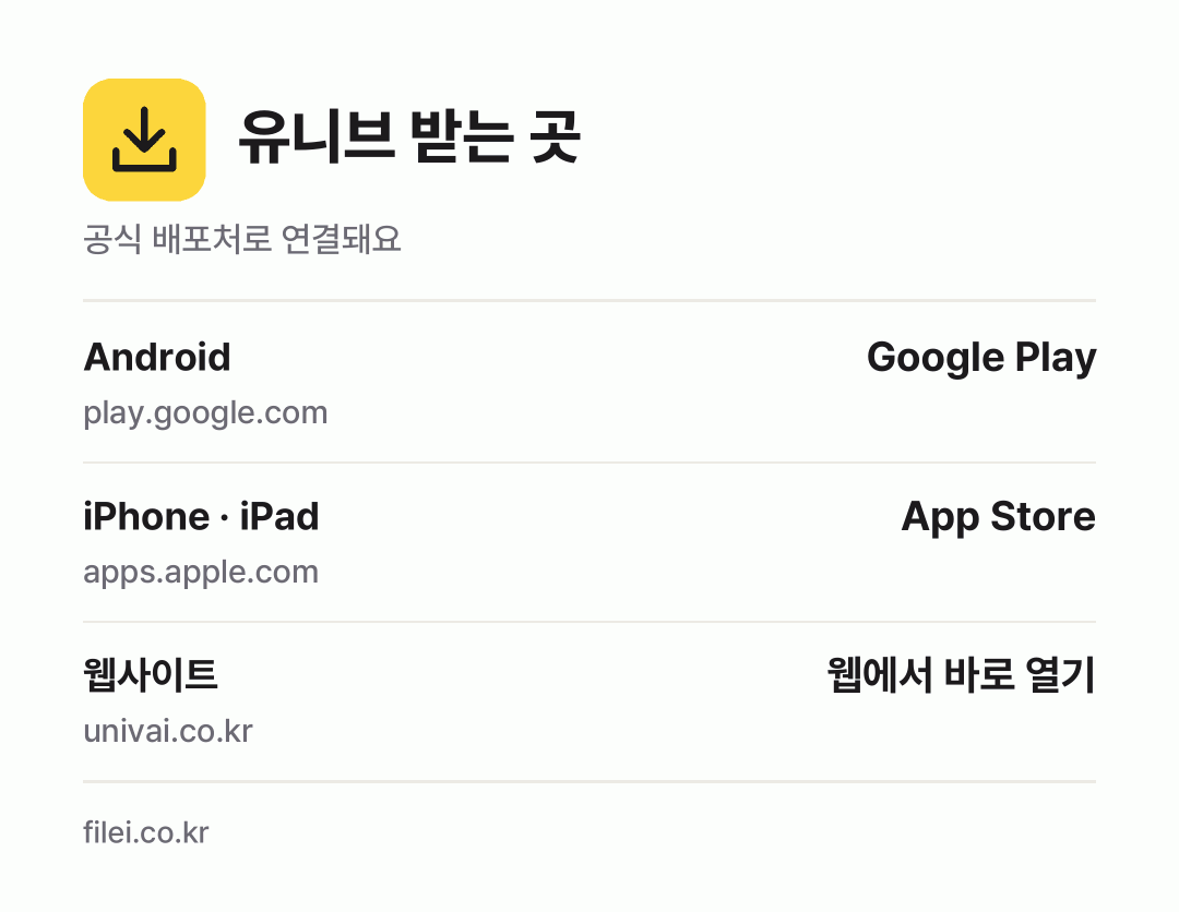 유니브 받는 곳: Android, iPhone · iPad, 웹사이트