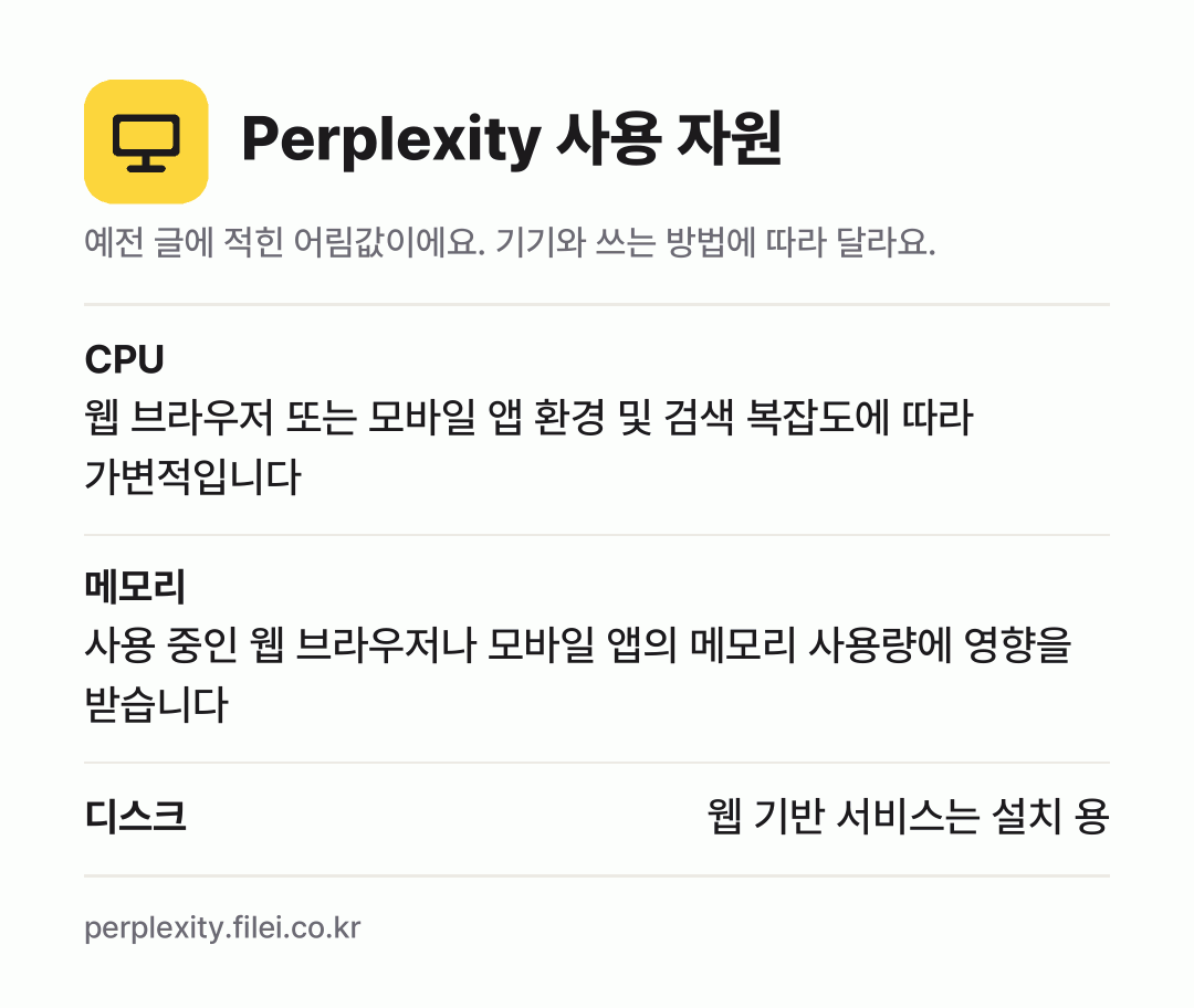 Perplexity 사용 자원 어림값: CPU 웹 브라우저 또는 모바일 앱 환경 및 검색 복잡도에 따라 가변적입니다, 메모리 사용 중인 웹 브라우저나 모바일 앱의 메모리 사용량에 영향을 받습니다, 디스크 웹 기반 서비스는 설치 용