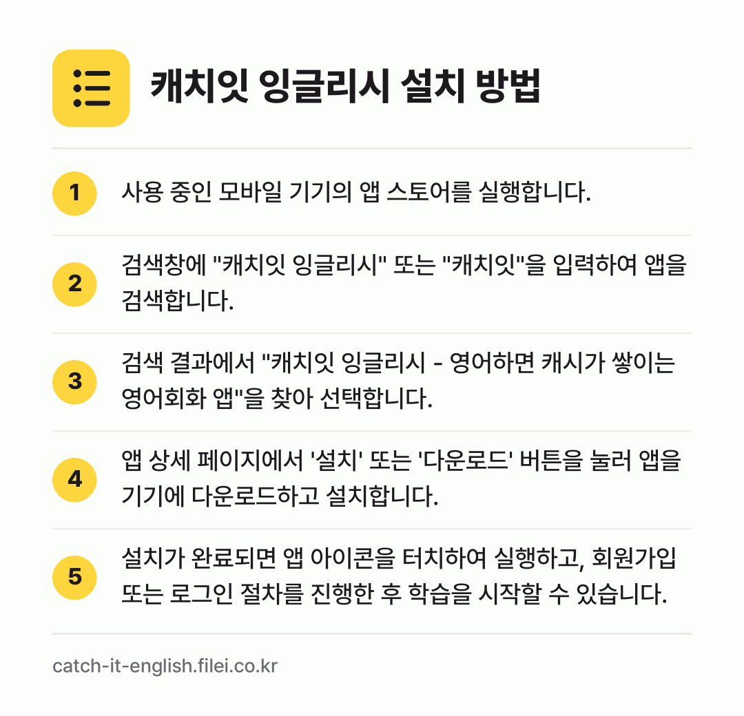 캐치잇 잉글리시 설치 방법: 사용 중인 모바일 기기의 앱 스토어를 실행… → 검색창에 "캐치잇 잉글리시" 또는 "캐치잇… → 검색 결과에서 "캐치잇 잉글리시 - 영어하… → 앱 상세 페이지에서 '설치' 또는 '다운로… → 설치가 완료되면 앱 아이콘을 터치하여 실행…
