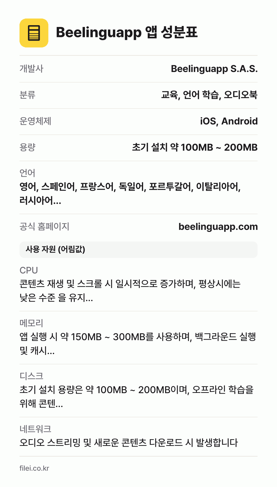 Beelinguapp 앱 성분표: 개발사 Beelinguapp S.A.S., 분류 교육, 언어 학습, 오디오북, 운영체제 iOS, Android, 용량 초기 설치 약 100MB ~ 200MB, 언어 영어, 스페인어, 프랑스어, 독일어, 포르투갈어, 이탈리아어, 러시아어…