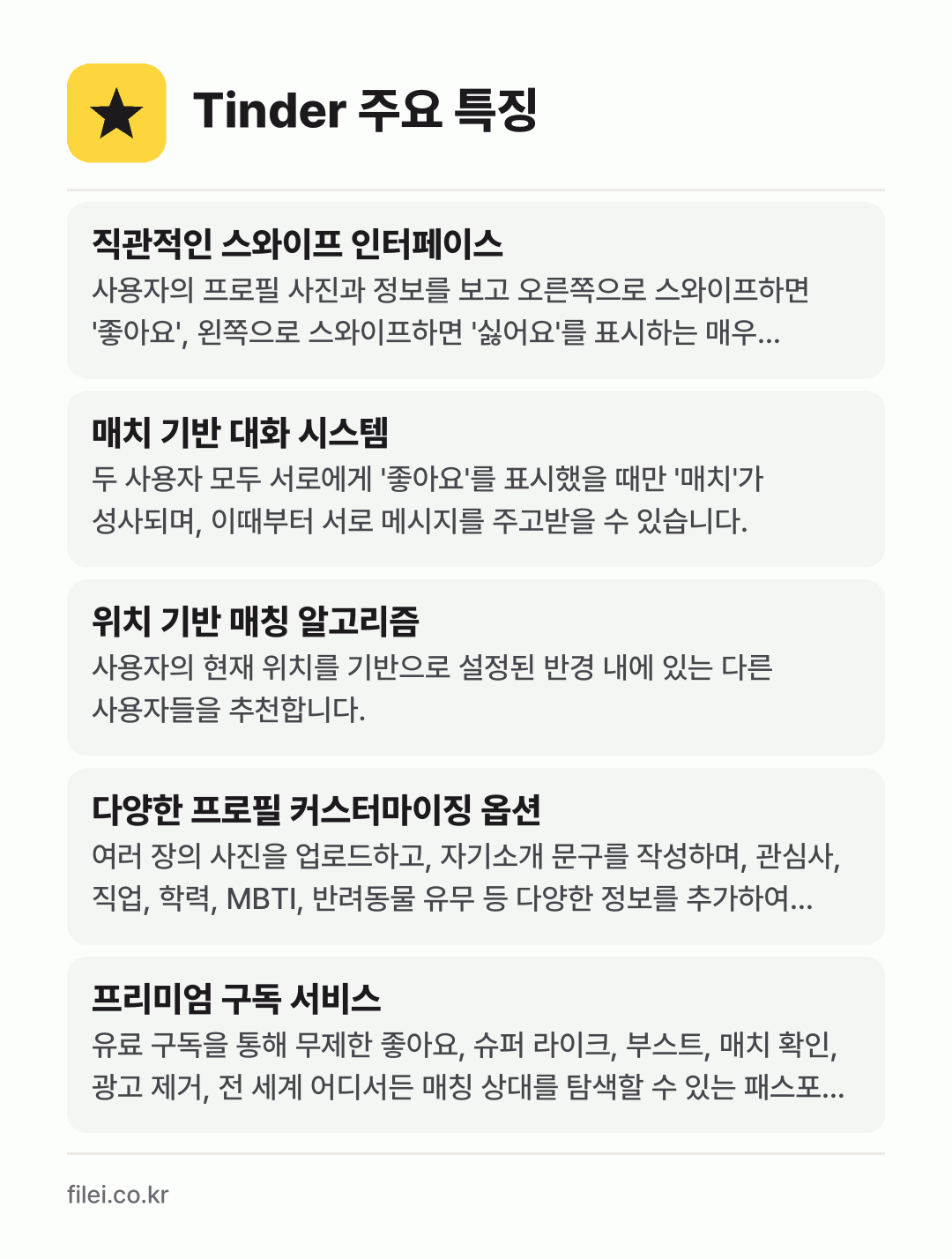 Tinder 주요 특징: 직관적인 스와이프 인터페이스, 매치 기반 대화 시스템, 위치 기반 매칭 알고리즘, 다양한 프로필 커스터마이징 옵션, 프리미엄 구독 서비스