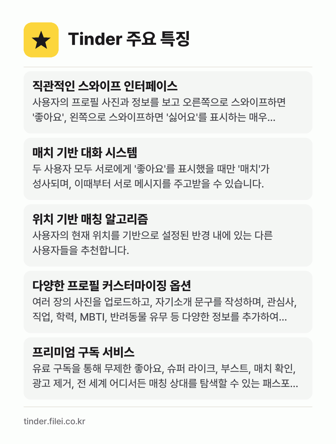 Tinder 주요 특징: 직관적인 스와이프 인터페이스, 매치 기반 대화 시스템, 위치 기반 매칭 알고리즘, 다양한 프로필 커스터마이징 옵션, 프리미엄 구독 서비스