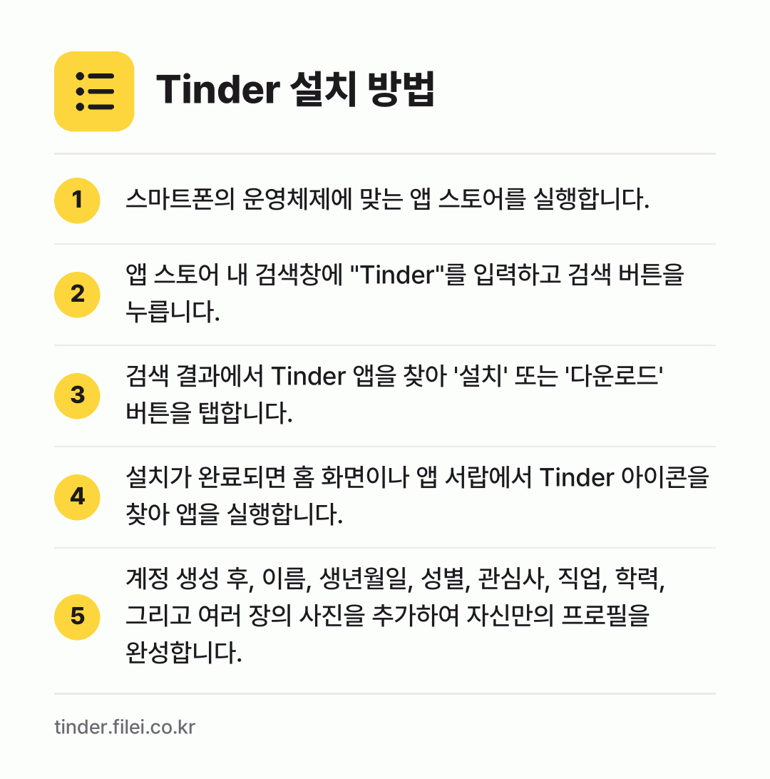 Tinder 설치 방법: 스마트폰의 운영체제에 맞는 앱 스토어를 실… → 앱 스토어 내 검색창에 "Tinder"를… → 검색 결과에서 Tinder 앱을 찾아 '설… → 설치가 완료되면 홈 화면이나 앱 서랍에서… → 계정 생성 후, 이름, 생년월일, 성별,…