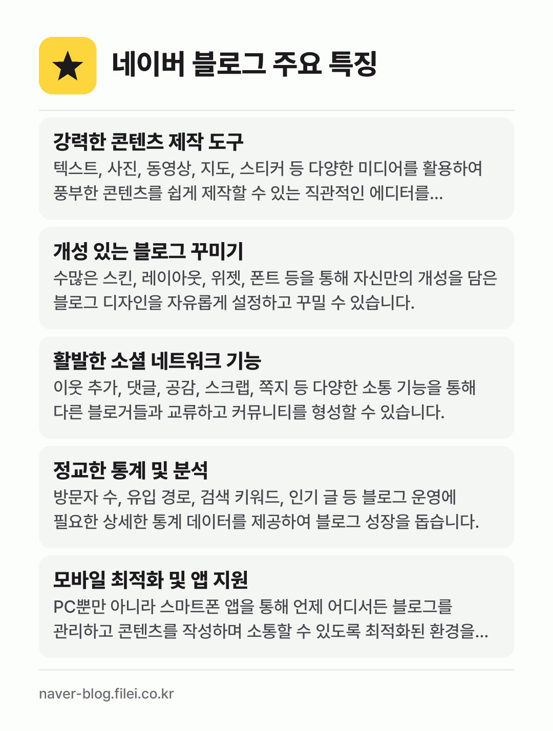 네이버 블로그 주요 특징: 강력한 콘텐츠 제작 도구, 개성 있는 블로그 꾸미기, 활발한 소셜 네트워크 기능, 정교한 통계 및 분석, 모바일 최적화 및 앱 지원