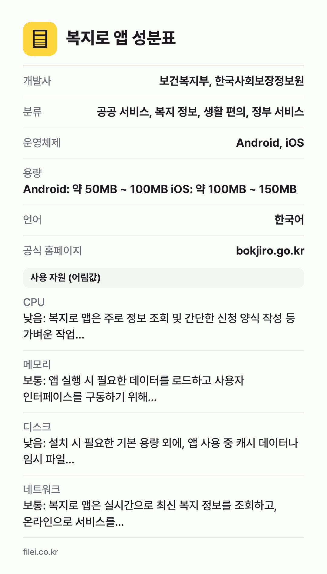 복지로 앱 성분표: 개발사 보건복지부, 한국사회보장정보원, 분류 공공 서비스, 복지 정보, 생활 편의, 정부 서비스, 운영체제 Android, iOS, 용량 Android: 약 50MB ~ 100MB iOS: 약 100MB ~ 150MB, 언어 한국어