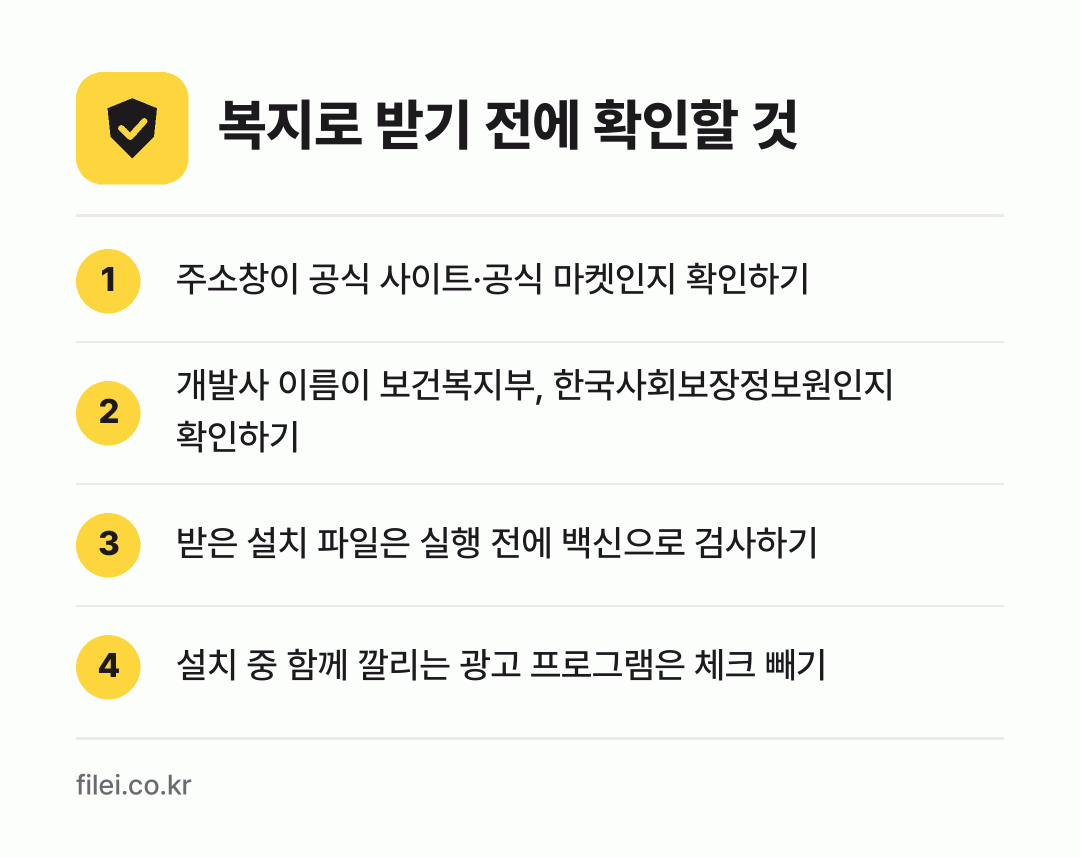 복지로 받기 전에 확인할 것: 주소창이 공식 사이트·공식 마켓인지 확인하기, 개발사 이름이 보건복지부, 한국사회보장정보원인지 확인하기, 받은 설치 파일은 실행 전에 백신으로 검사하기, 설치 중 함께 깔리는 광고 프로그램은 체크 빼기